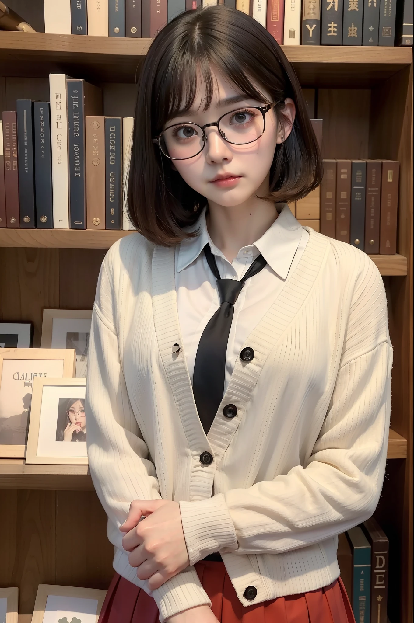 Photo Real、photoRealstic Dark hair、Short hair、Curled Hair、bangss drooing eyes、with round face、Plump cheeks、Puffy cheeks、small mouth eye glasses、Round glasses、Big glasses、Black-rimmed glasses、校服、White shirt、Red tie、Beige cardigan、Red skirt、a short skirt hi-school girl、sixteen years old、Soft thighs Faces close、Staring at this、Place your palms on the chest area、Leaning against the bookshelf、Blushing Background with、bookcase、Timber wall、wood floor、Dark place