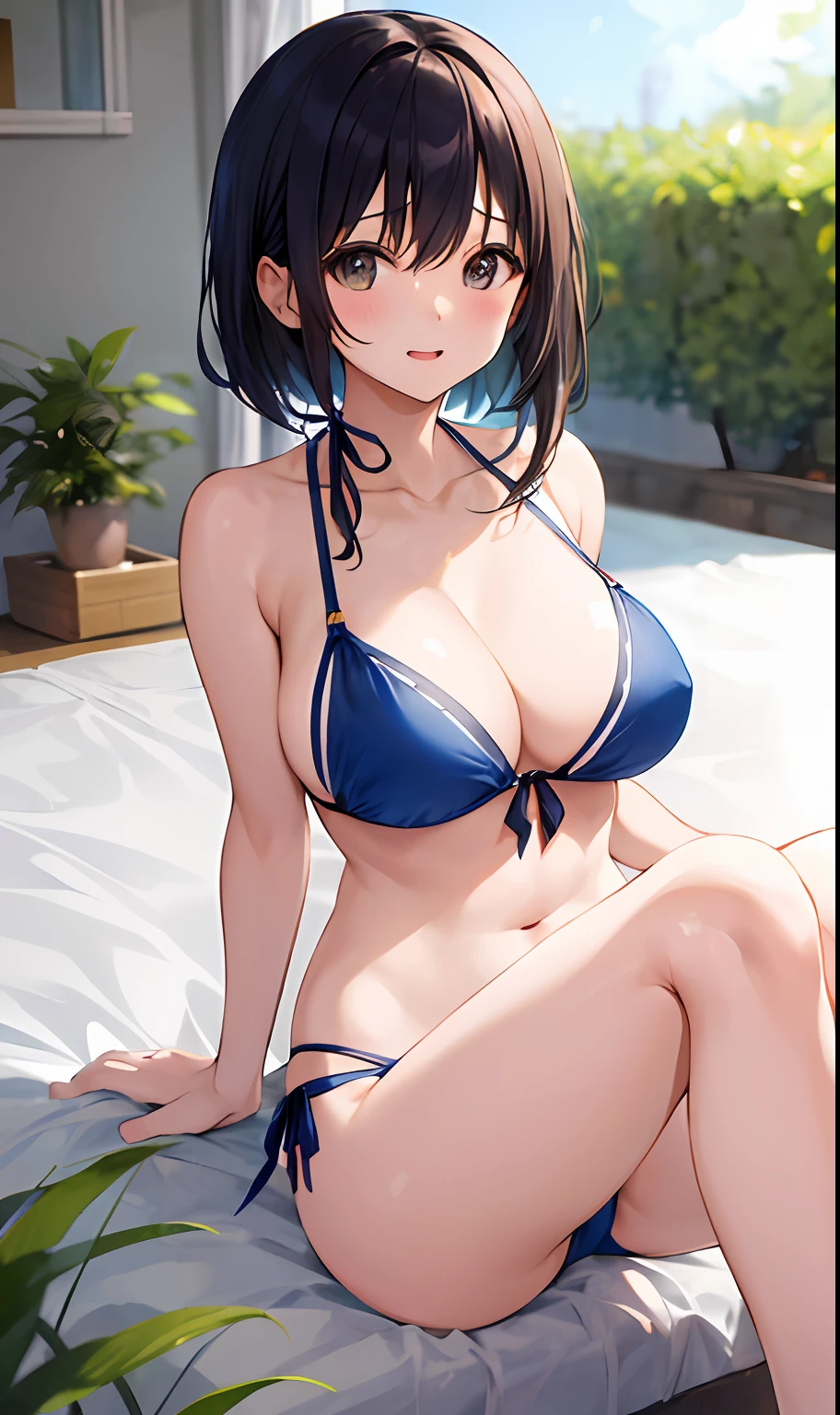 The human、girl with、maikurobikini、The bikini、cute little、tits out、Colossal tits、Beautiful breasts、a bed、ecchi