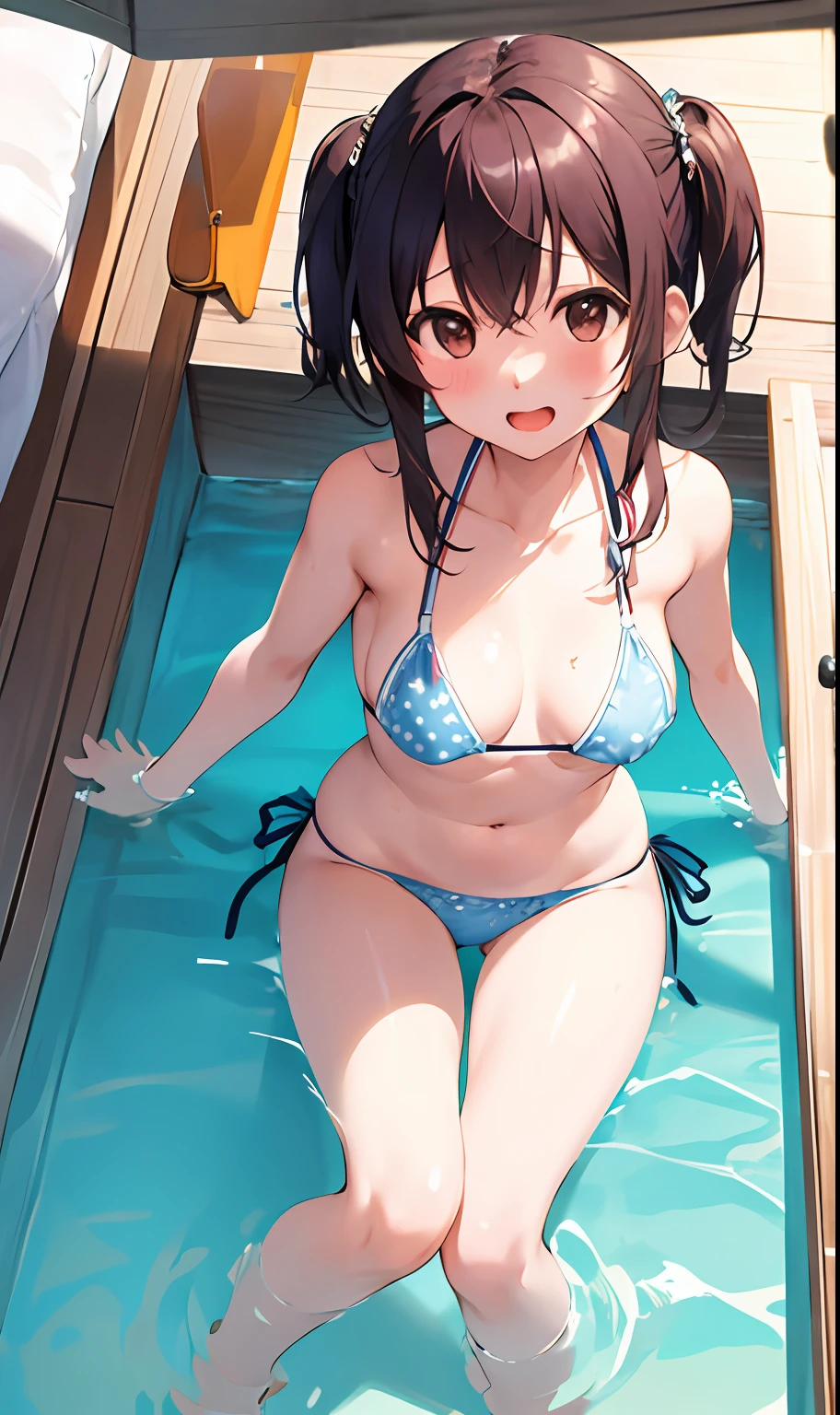 The human、girl with、maikurobikini、The bikini、cute little、tits out、Colossal tits、Beautiful breasts、a bed、ecchi
