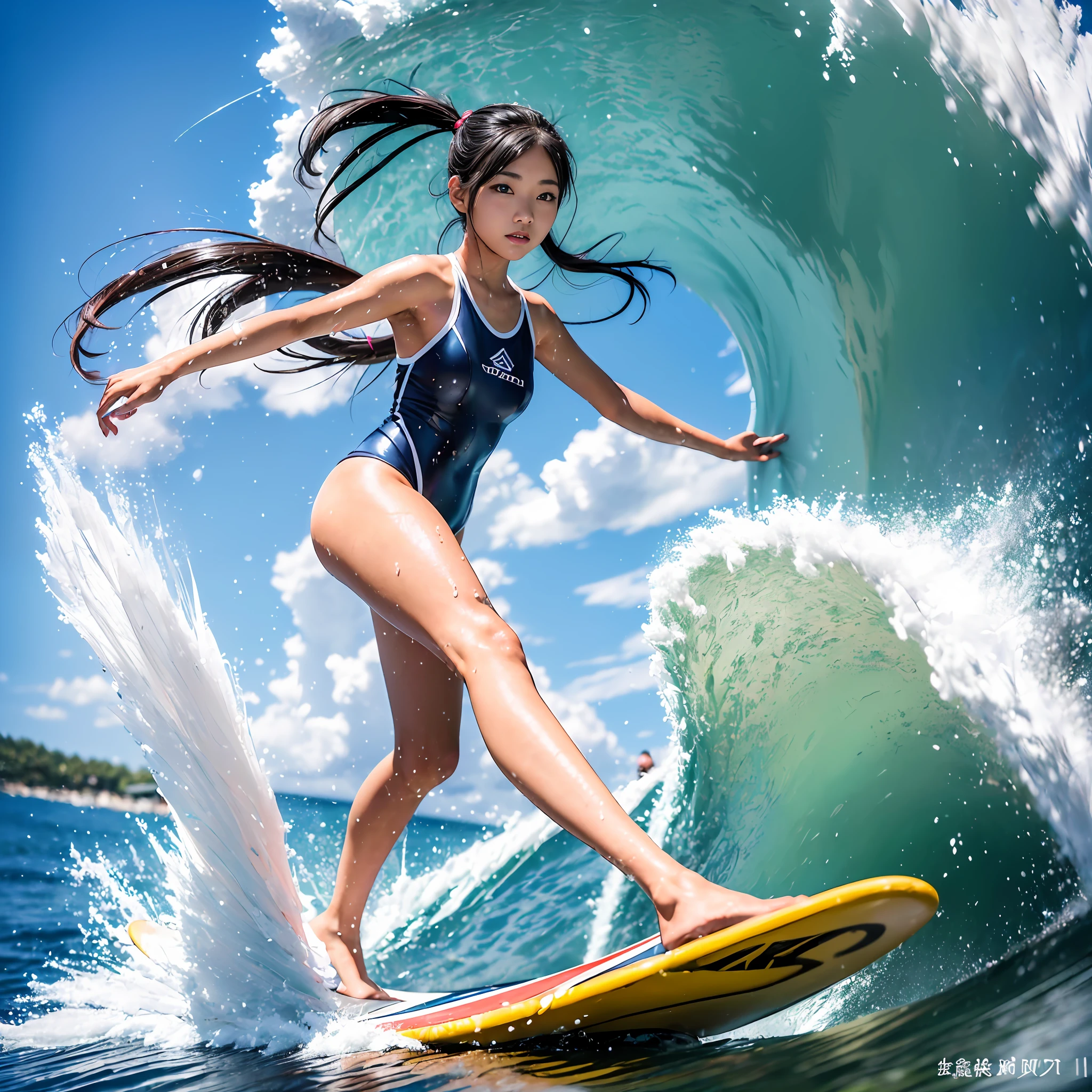 (8K、RAW Photos、top-quality、​masterpiece:1.2)、(realisitic、Photorealsitic:1.37)、ultra-detailliert、超A high resolution、Attractive 17 year old Japan woman surfing、Teen、A dark-haired、poneyTail、small tits、Wearing a school swimsuit、splash water、mare、Big waves