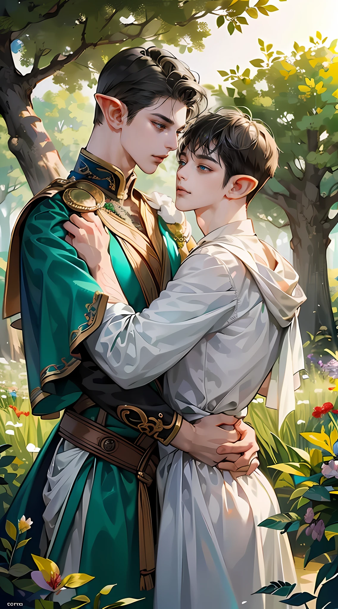 (tmasterpiece, high resolution, ultra - detailed:1.0), [(2 boys hugging each other:1.5):1], Young male, Perfect male body, (2 Adult male elves, Look at each other, Smile, Elf costumes), Delicate eyes and delicate face, Extremely detailed CG, Unity 8k wallpaper, Complicated details, Detailed face, Outdoor, forest, Flowers and trees, waterfallr, Portrait, color difference, Depth of field, dramatic shadow, Ray tracing, Best quality, Cinematic lighting, offcial art,