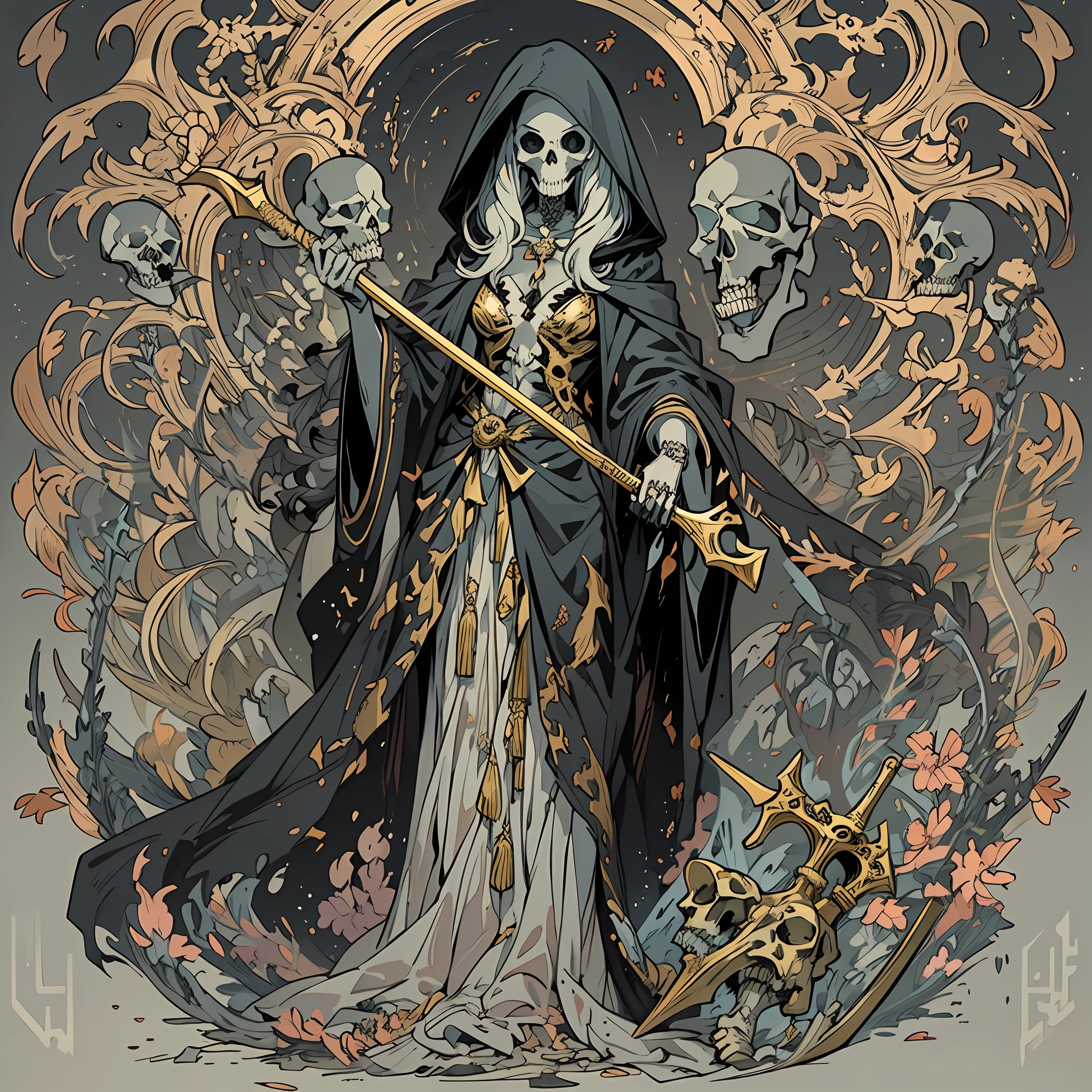 ((Solo, Adult woman)), holding a scythe, Black flowing robe, Hooded robe, Animal skulls and bones, Gold and silver, Pastel color scheme