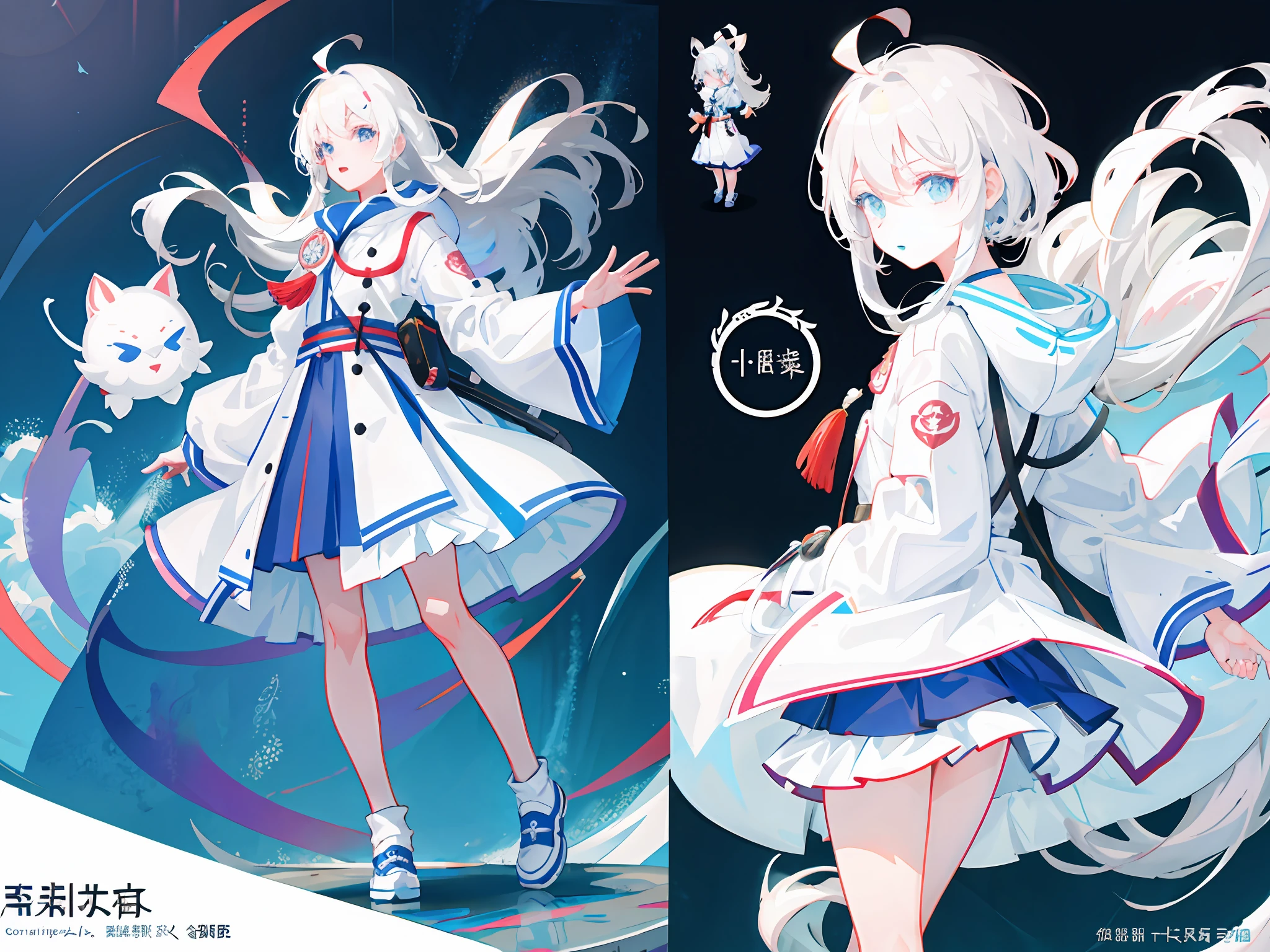 highr， White padded jacket，White color hair，White eyes，standing on your feet，Chinese girl design，Genshin detailed art，Anime character design，anime concept art，pretty anime character design，anime character reference sheet，[character  design]，