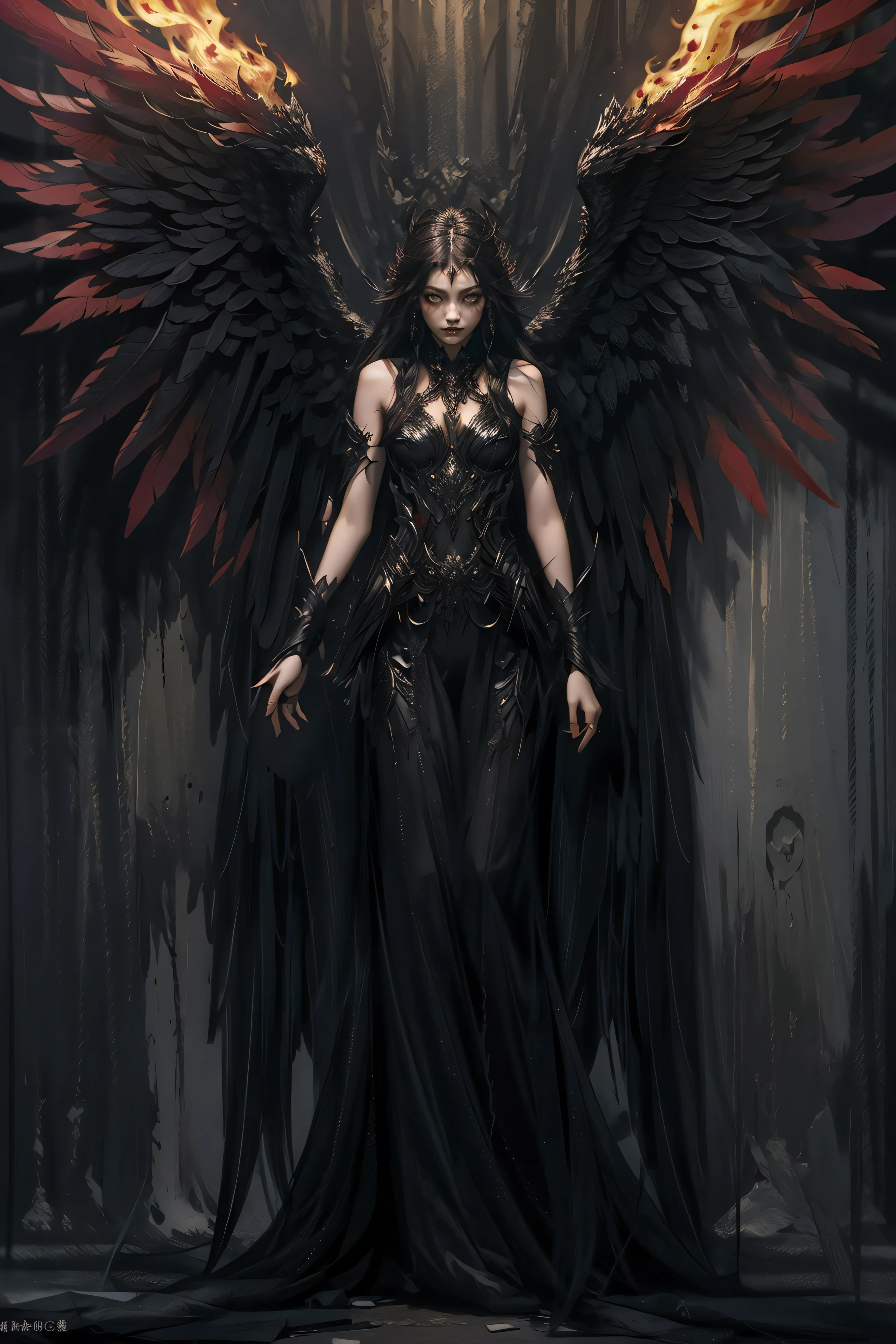(extremely detailed CG unity 8k wallpaper,masterpiece, best quality, ultra-detailed, beautiful detailed eyes:1.2),best illumination, (best shadow, an extremely delicate and beautiful, bloom),
1gril,solo,red eyes,Heavy armor,long hair,holding sword,Angel wings,black wings,red jewelry,(big wings:1.4),Film filter,Satan, Hellfire,full body,demon,flame,