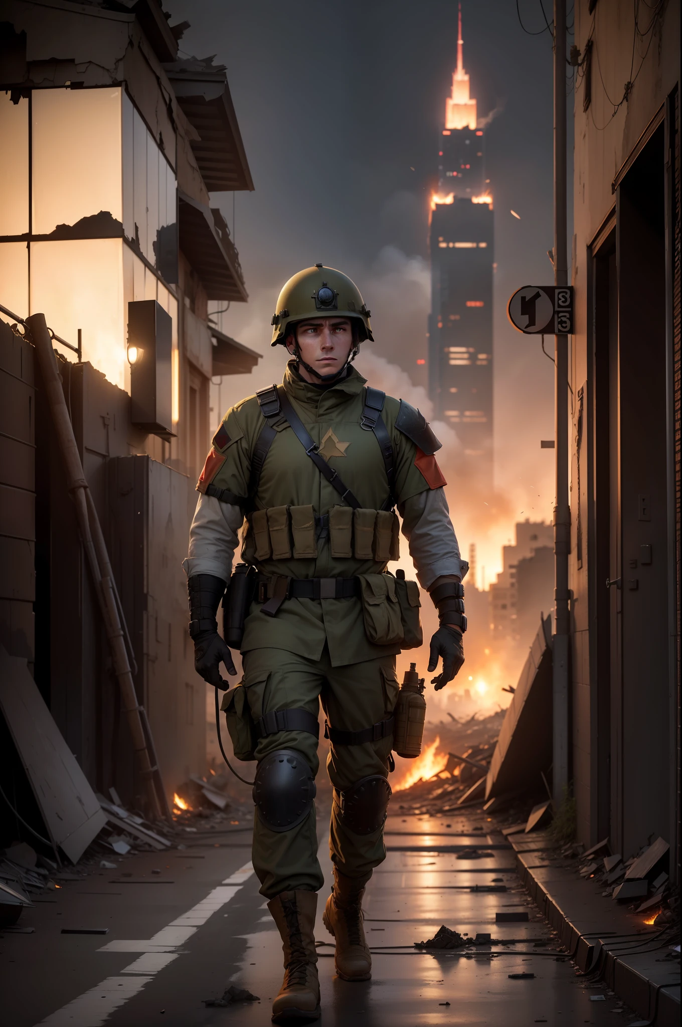 In a run-down city that has experienced war，A soldier wearing the body armor of the Russian army 6B45 looks at the skyscraper where a violent explosion is taking place，The light of the fire illuminated the night around them，Next to him was a scrapped tank，dense smoke