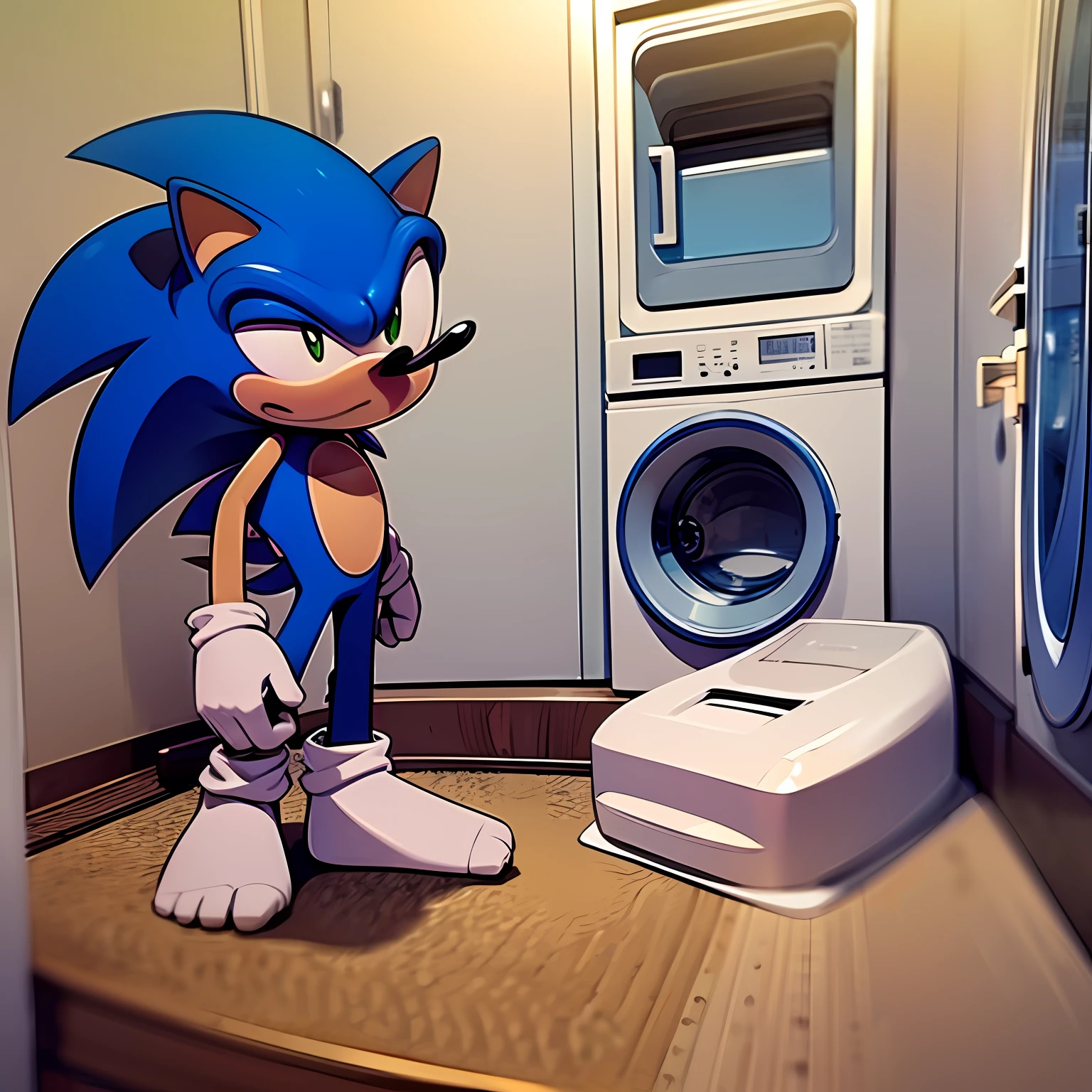 Sonic the hedgehog, fundo de lavanderia, washing machine on the side of Sonic The Hedgehog, sentado em uma cadeira, chair on the side of the washing machine, Sonic The Hedgehog Without Shoes, sem luvas, wearing white socks on their feet, Ultra Detalhado, bem feito, anatomia perfeita, espera, segurando um jornal, lendo jornal, 2D