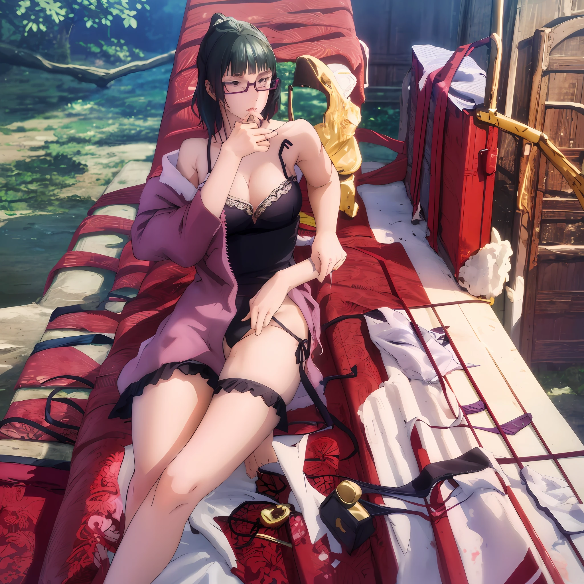 Maki Zenin,Sentado en la cama,(((Lingerie clothing))),gafas,sexy,bikini,desde abajo disparo,1 girl,
