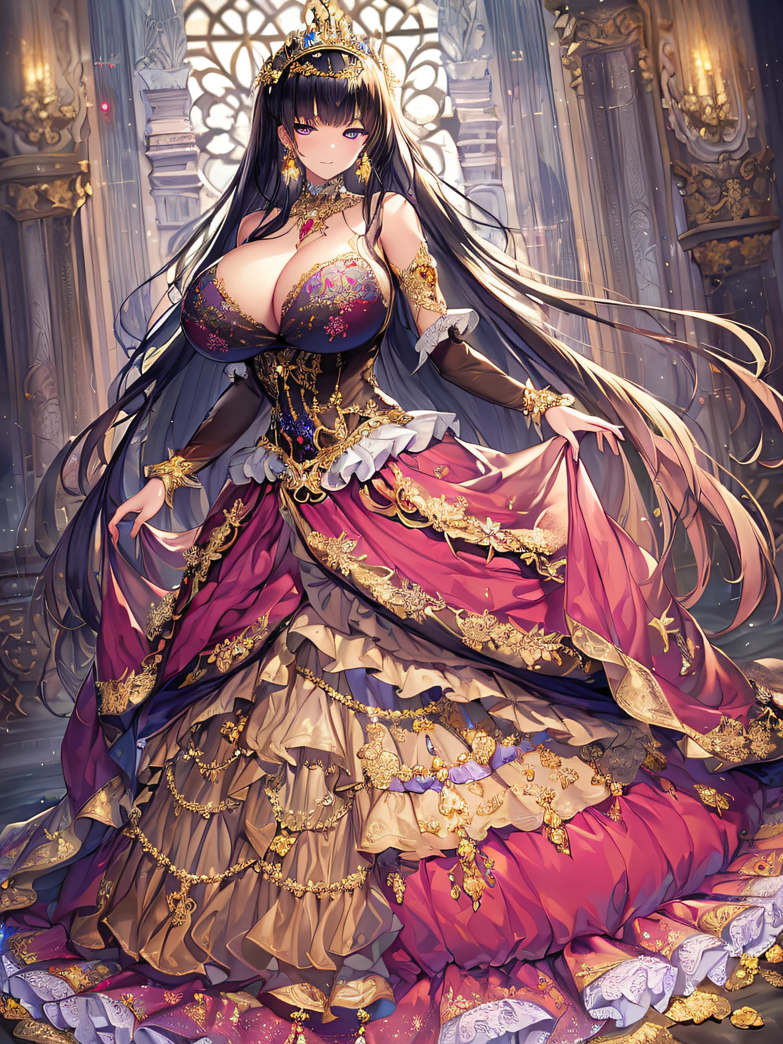 ((anime artstyle)),(Masterpiece),(Best Quality), (Super Detail),((Very Delicate and Beautiful)),((Solo)),((full body)),(((1 princess in beautiful embroidery and jeweled extremely gorgeous ball gown with voluminous skirt))),Gorgeous jewelry ornaments,detailed face and eyes,jewel-like eyes,(seductive smile),((extremely voluminous Very Long Hair,Straight Hair)),((extremely gigantic tits,Long tits)),curvy,skindentation,(gorgeousfull embroidery and lace),gorgeous corsage,See-through,extremely gorgeousfull hair ornament,extremely gorgeousfull glitter jeweled tiara,ornate ruffles,((full body)),((hoop skirt,crinoline)),Dynamic Angle,Looking at viewer,((beautiful embroidery and jeweled extremely gorgeous ball gown with voluminous skirt)),full body