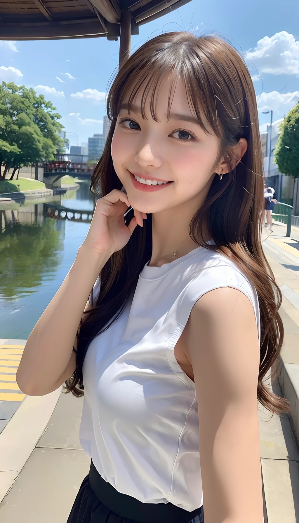 (8K、top-quality、​masterpiece、超A high resolution、High Definition Face:1.3)、portlate、(20 years girl:1.3)、bokeh dof、frontage、 Genius genius smile、ultra-detailliert、ultra res、(realisitic、rialistic photo:1.37)、high-definition RAW color photography、Professional Photography、highly detailed and beautiful、ighly detailed、8K Picture Wallpaper、amazing detailed、huge filesize、Official art、Highly detailed CG Unity 8K wallpapers、highly detailed beautiful girl、extra detailed face、extremely detailed eye、highlydetailed skin、extremely detailed fingers、highly detailed nose、very detailed detailed mouth、Perfect Anatomy、Highly detailed clothing、女の子 1 人、(18:1.2)、Teen、Cute little girl s、famous Japan idol、cute little、Realistic body、小柄、de pele branca、glistning skin、Slim body、Handsome body、brown haired、(Blunt bangs:1.2)、Classic wavy long hair、 (nffsw:1.3),A smile、kawaii、zora々Right、kawaii faces、Lifelike face、Delicat eyes、Sauce order、White T-shirt、skirt by the、Looking at the camera、cowboy  shot、along the river、front facing、Contrapo、public