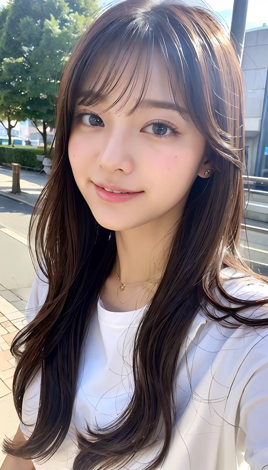 (8K、top-quality、masterpiece、超A high resolution、High Definition Face:1.3)、portlate、(20 years girl:1.3)、bokeh dof、frontage、 Genius genius smile、ultra-detailliert、ultra res、(realisitic、rialistic photo:1.37)、high-definition RAW color photography、Professional Photography、highly detailed and beautiful、ighly detailed、8K Picture Wallpaper、amazing detailed、huge filesize、Official art、Highly detailed CG Unity 8K wallpapers、highly detailed beautiful girl、extra detailed face、extremely detailed eye、highlydetailed skin、extremely detailed fingers、highly detailed nose、very detailed detailed mouth、Perfect Anatomy、Highly detailed clothing、女の子 1 人、(18:1.2)、Teen、Cute little girl s、famous Japan idol、cute little、Realistic body、小柄、de pele branca、glistning skin、Slim body、Handsome body、brown haired、(Blunt bangs:1.2)、Classic wavy long hair、 (nffsw:1.3),A smile、kawaii、zora々Right、kawaii faces、Lifelike face、Delicat eyes、Sauce order、White T-shirt、skirt by the、Looking at the camera、cowboy shot、along the river、front facing、Contrapo、public