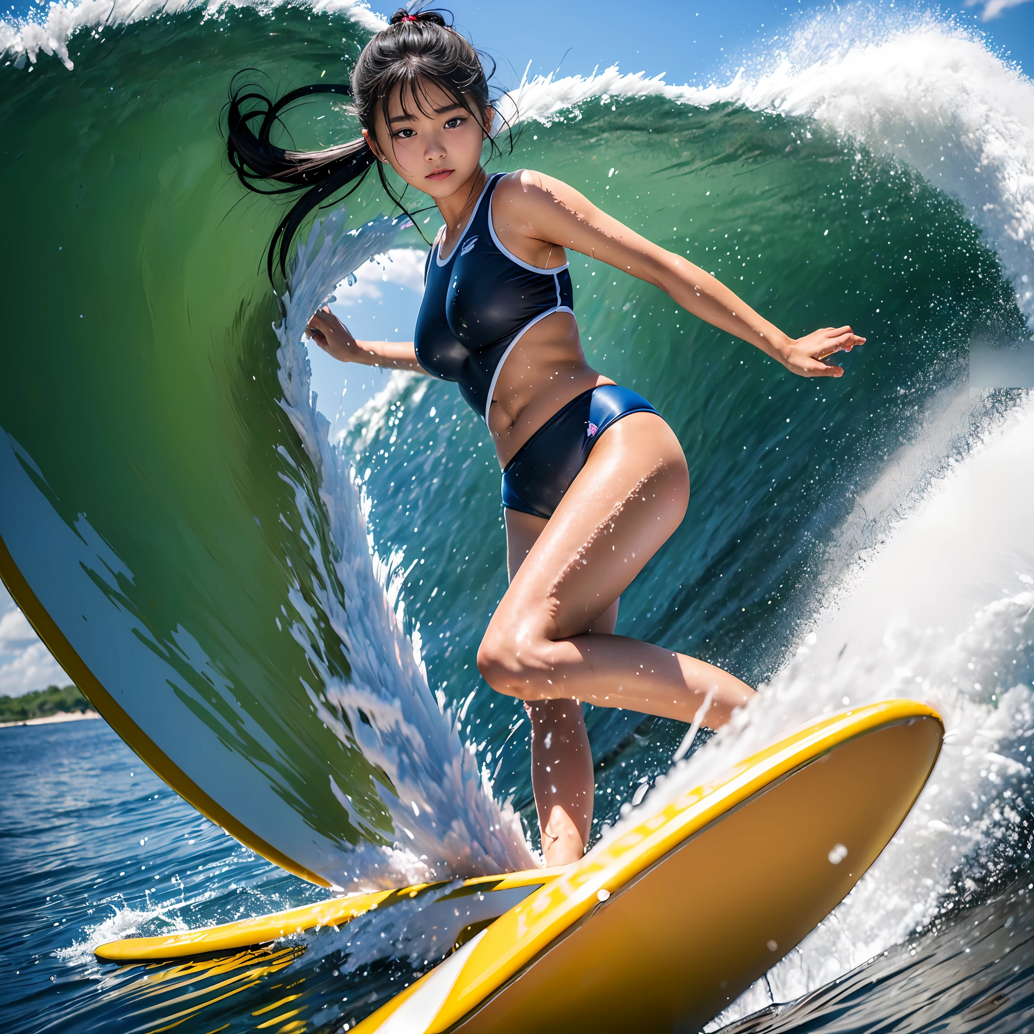 (8K、RAW Photos、top-quality、masterpiece:1.2)、(realisitic、Photorealsitic:1.37)、ultra-detailliert、超A high resolution、Attractive 17 year old Japan woman surfing、、A dark-haired、poneyTail、small tits、Wearing a school swimsuit、splash water、mare、Big waves