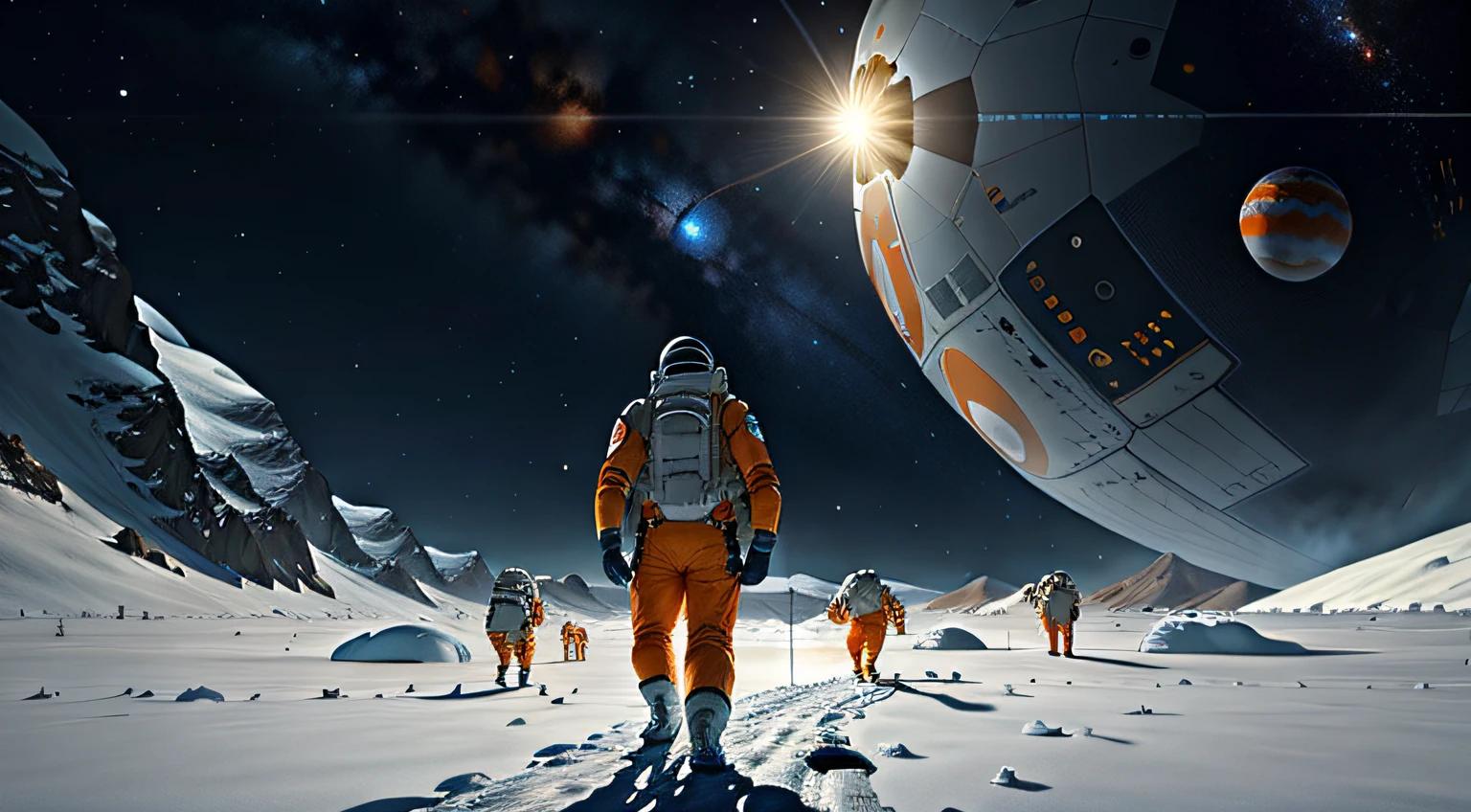 Astronauts in orange spacesuits stand on snowy surfaces，The background is planets, astronaut walking, astronaut stranded on planet, 4k highly detailed digital art, astronaut lost in liminal space, walking across ice planet, astronaut standing looking, sci-fi space game art, standing in outer space, astronaut on the moon, inspired by Scott Listfield, Space landscape