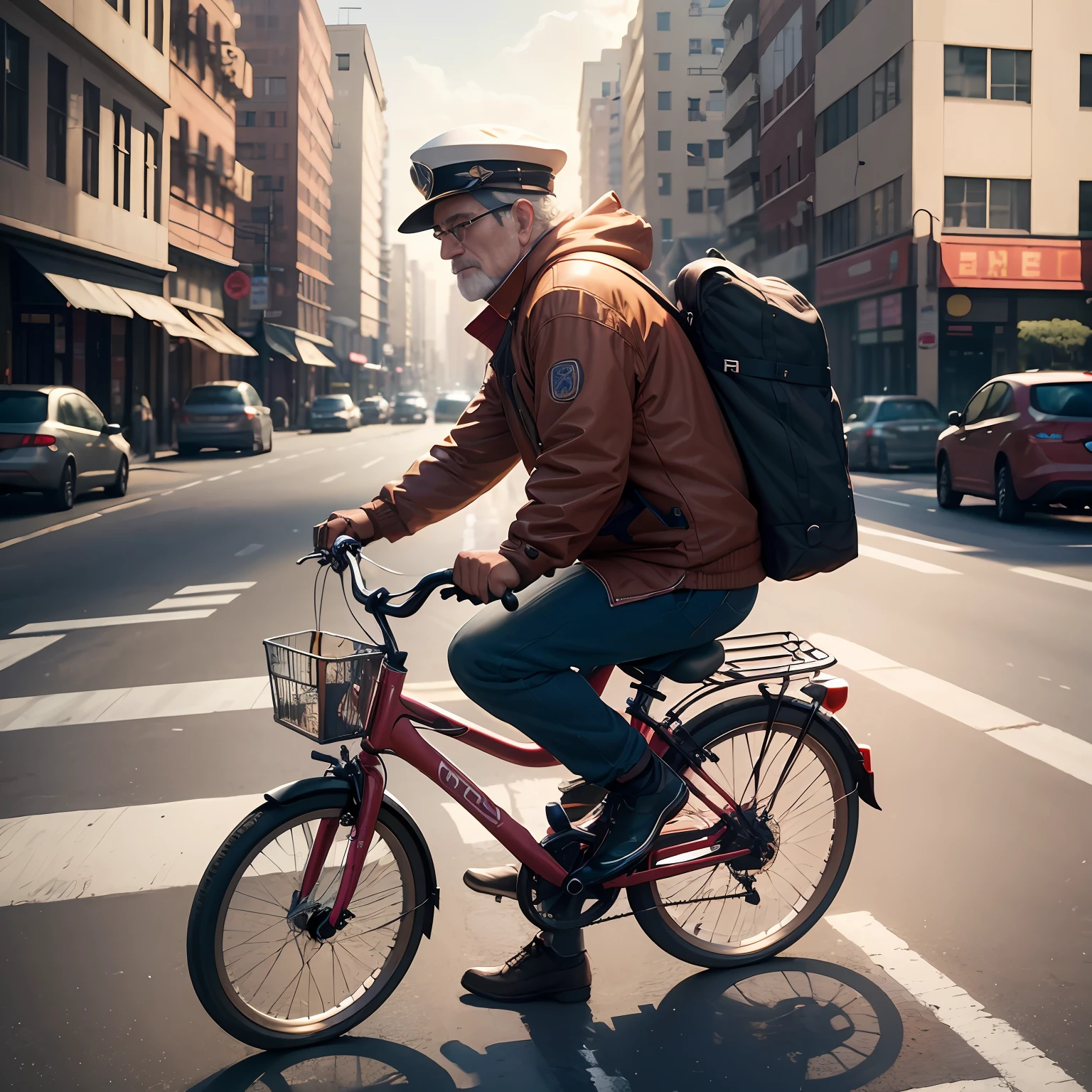 (the Extremely Detailed CG Unity 8K Wallpapers,tmasterpiece,best qualtiy,high detal,Ultra photo realsisim),A middle-aged man riding a bicycle,In the back of the car sat a 6--old ,City road background,Not many cars,Some pedestrians。