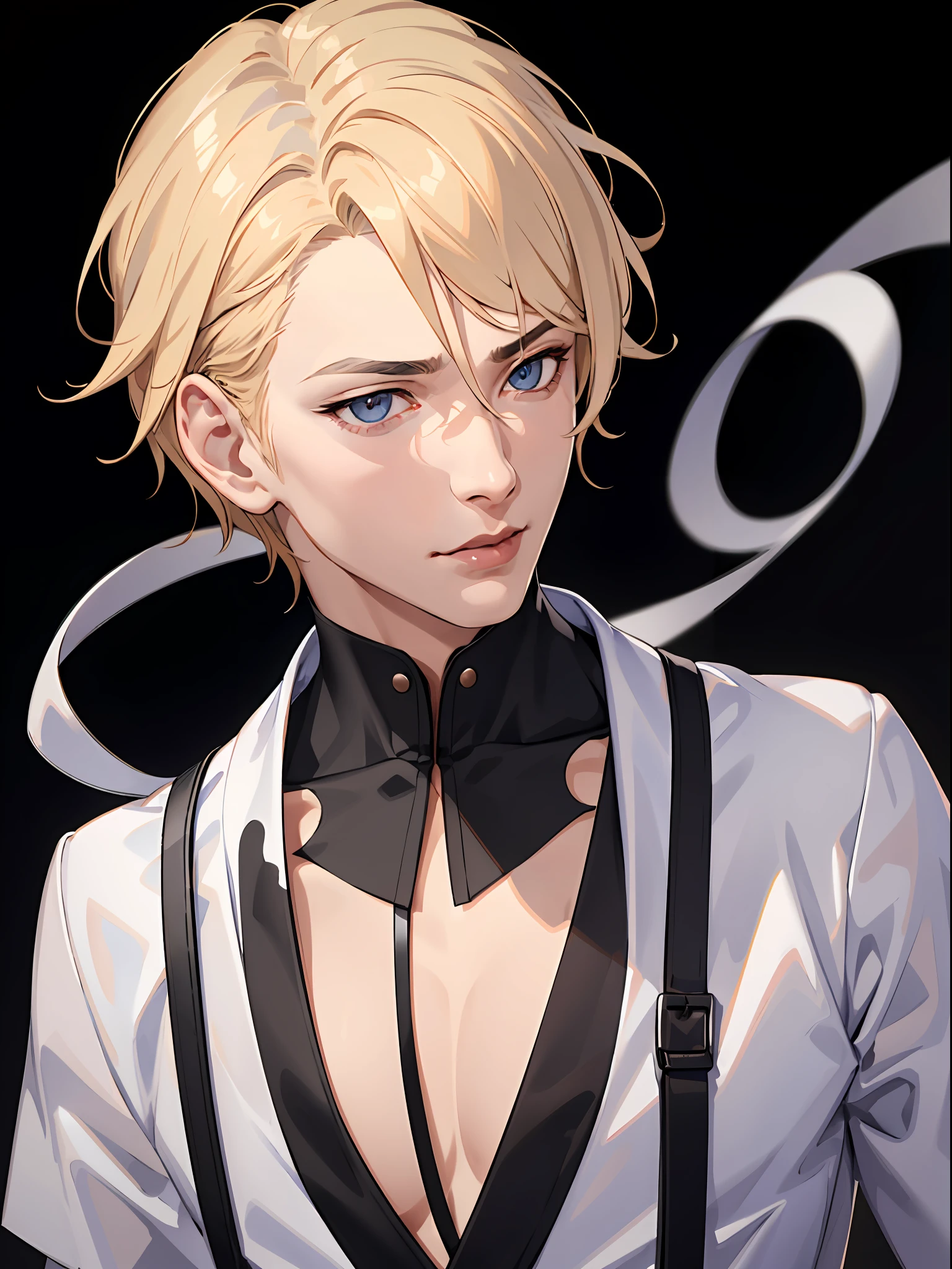 1boy, handsome boy, Perfect body half,(face focus:2), (side face:1), (short blonde hair,chin length hairstyle) , (black color eyes, realistic eyes,beautiful and villain eyes) (White shirt, Half open buttons) black pants, (Tokyo gang background) 8k, high quilty, realistic, canon 1:1, 50 mm size, 3d, beautiful realistic، Cool details, raw photo, selfie, realistic shirt, realistic hair, Light and cool lighting, photo realistic, Cel shaded, Gel lighting, ultra details