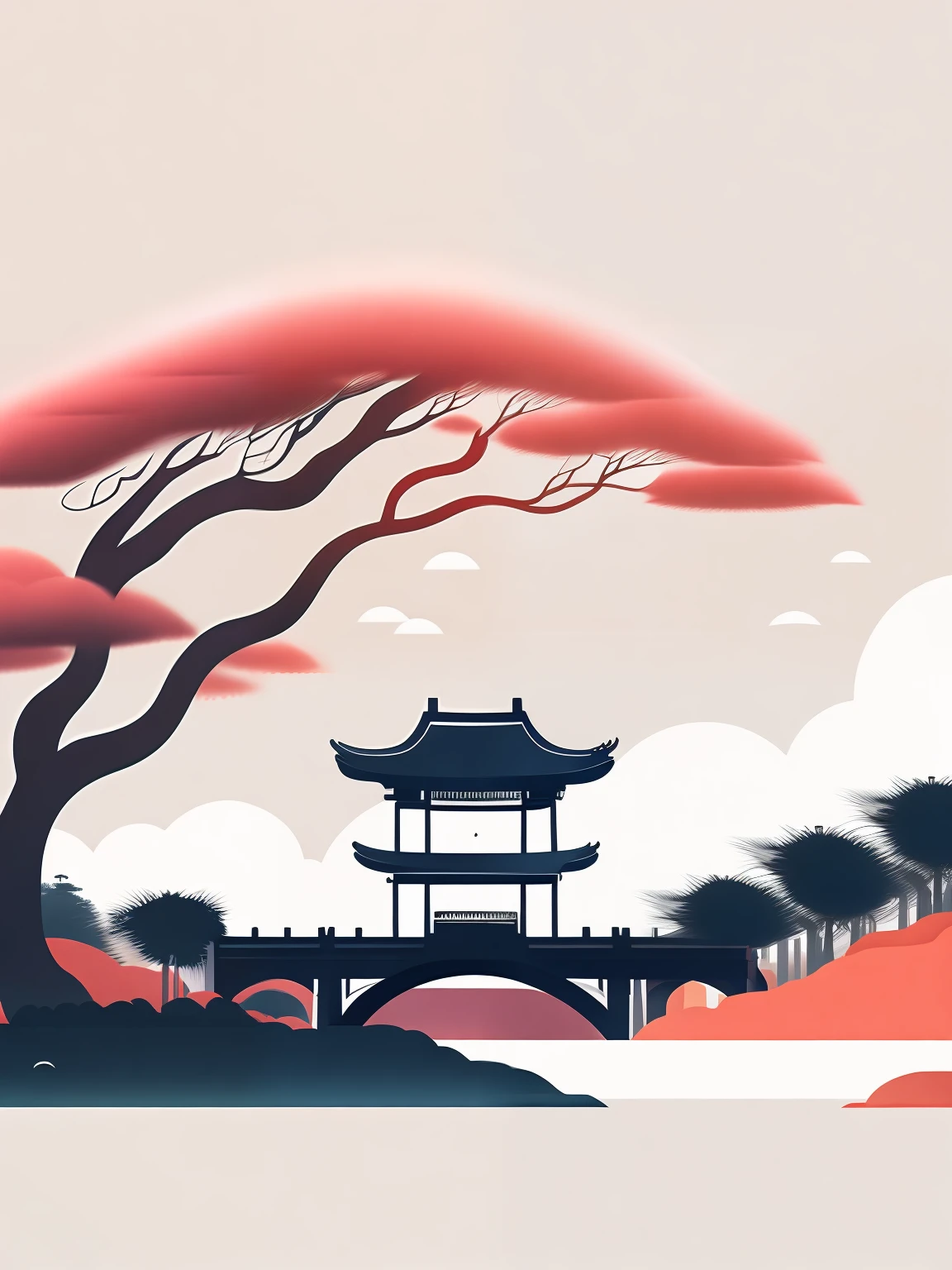 Ancient gazebo view,There is a bridge(Hangzhou style ancient bridge style),There are characters on the bridge(Gradient white figure),There is a Luo Han pine behind the bridge,The visual effect has a depth of field effect(1:2),Landscape gradient,Minimalist lines,White main vision(With black、blanche、Red tricolor)Contrasting colors are obvious,Picture gradient transitions(Gradient effect),Japanese illustration style,Transparency,Clean line design,light toned,Wabi-sabi,vectorial art