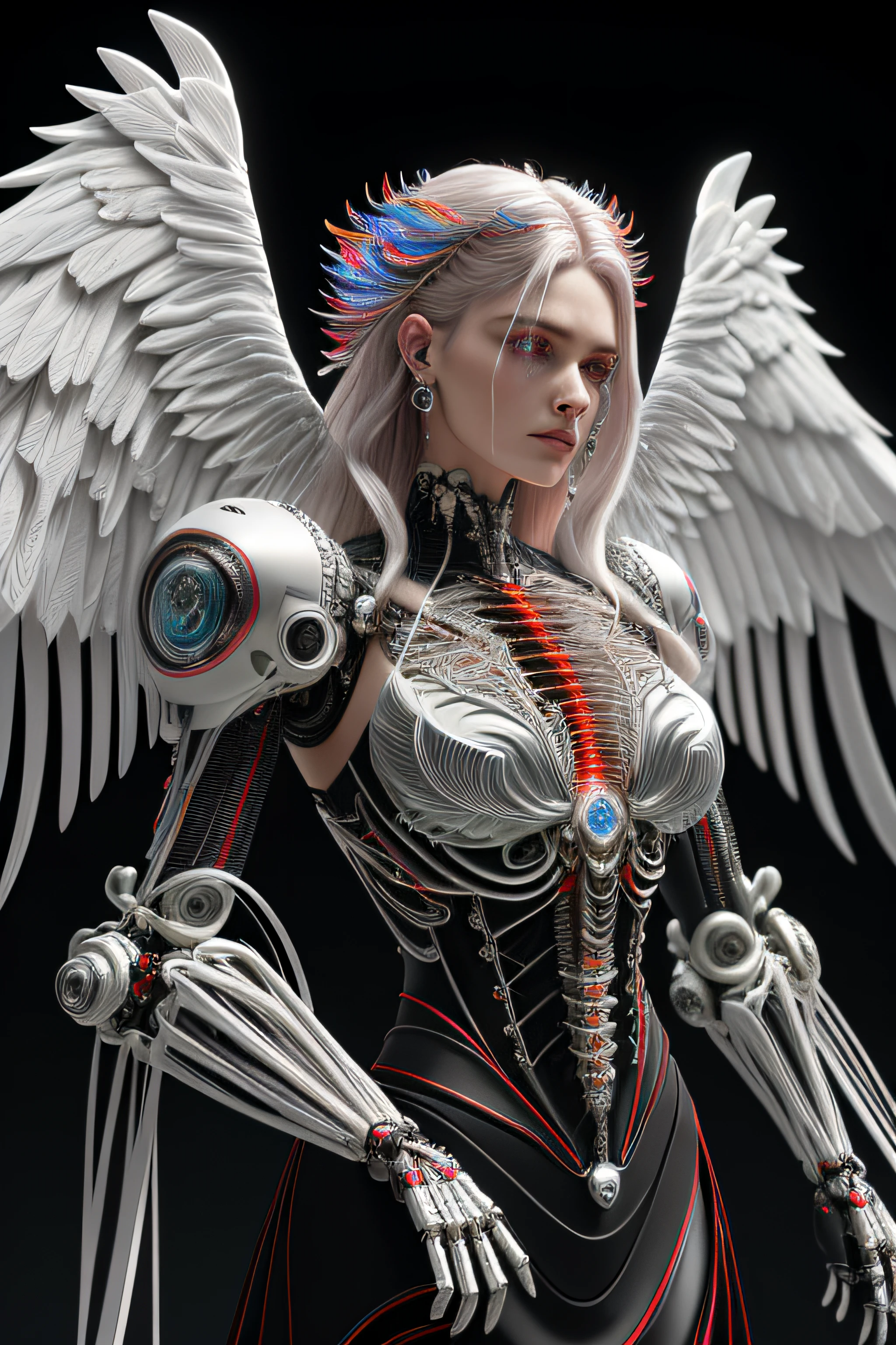 Complex 3d rendering ultra-detailed beautiful angel of death, biomechanical robot, simulated 150mm shot, beautiful natural soft edge light, crystal feathers, roots, delicate leaf lace, colorful details, Boris Bidjan Saberi clothing, pearl earrings, piercings, Art Nouveau fashion embroidery, intricate details, mesh threads, mandelbro fractals, facial muscles, cable wires, microchips, badasses, surreal, ultra-detailed, octane rendering, volumetric lighting, 8k post-production, Red and white with a touch of black, metallic skeleton details, half-human, rainbow colors, Glenn Brown style, futuristic room, power of God, high angle shooting, complex body poses