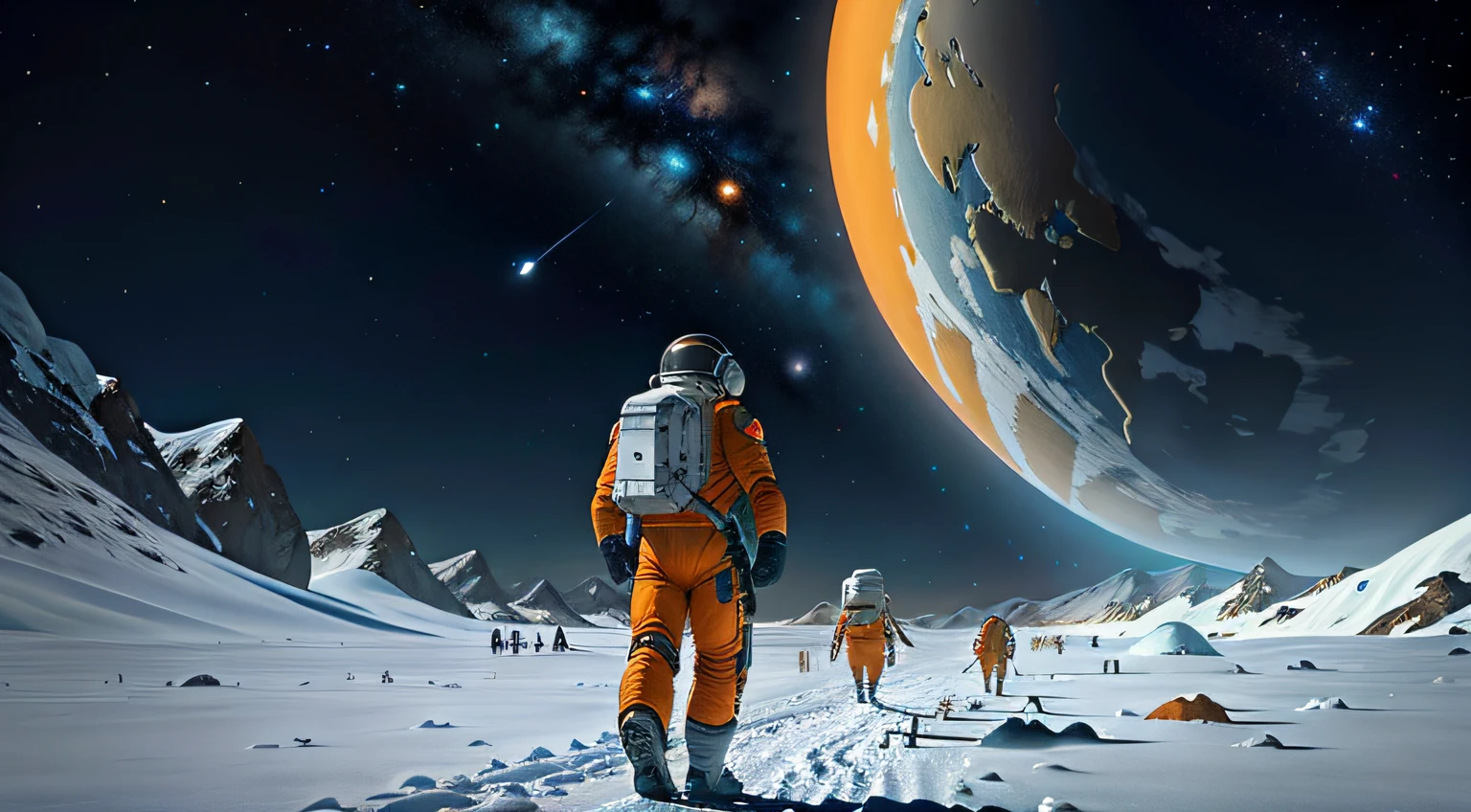 Astronauts in orange spacesuits stand on snowy surfaces，The background is planets, astronaut walking, astronaut stranded on planet, 4k highly detailed digital art, astronaut lost in liminal space, walking across ice planet, astronaut standing looking, sci-fi space game art, standing in outer space, astronaut on the moon, inspired by Scott Listfield, Space landscape