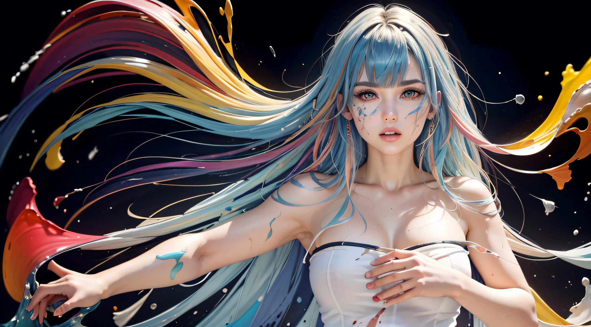 8k, RAW photo, realistic, photo-realistic, hyper-realistic, highest quality, best quality, masterpiece, highly detailed, absurdres,
masterpiece, best quality, (extremely detailed CG unity 8k wallpaper, masterpiece, best quality, ultra-detailed, best shadow), (detailed background), (beautiful detailed face, beautiful detailed eyes), High contrast, (best illumination), 1girl, Australian, multicoloured hair, beautiful, ((colourful paint splashes on transparent background, dulux)), ((caustic)), dynamic angle,beautiful detailed glow,full body, cowboy shot,
