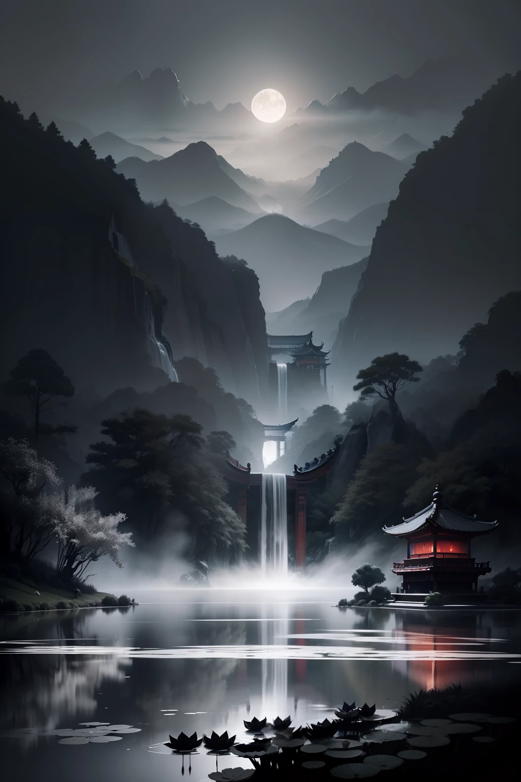 scenery,hell, Hellbringers,Chinese martial arts style,Asian night view with lanterns and water lilies,Asian ponds,There are many lanterns and boats,Night view can be enjoyed,There are many lights and boats in the water, Lake surface, lotuses,beautiful night scene,(((Chinese martial arts style))), with vast sky, Continuous mountains and steep cliffs, ink wash style, outline light, Atmospheric atmosphere, Depth of field, mist rising, Bamboo, pines, Octagonal stone pavilion, waterfall flowing water,large full moon,(No color) , monochrome, Light color,dispersion, Rainbow,