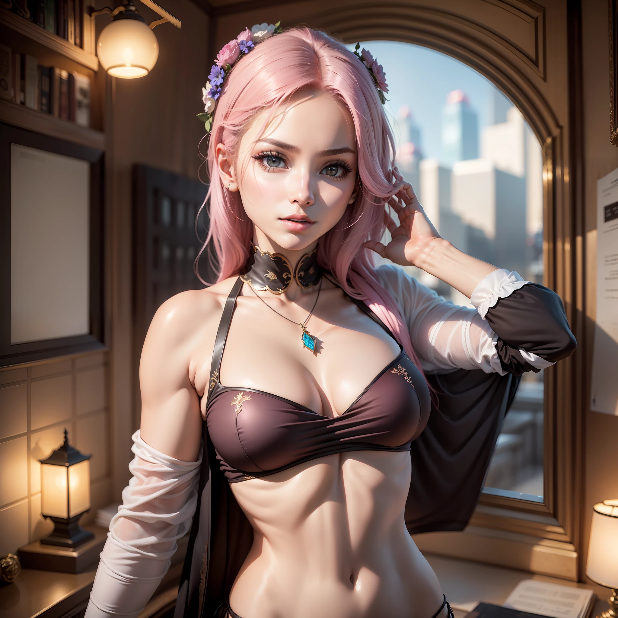 ((lifelike lighting, Melhor qualidade, 8K, Obra-prima: 1.3)), Foco claro: 1.2, 1 enfermeira, Beleza corporal perfeita: 1.4, Abdominais finos: 1.1, ((cabelos pink)), (Roupa de enfermeira branca: 1.4) (Ao ar livre), Vista da cidade, Rosto super fino, Olhos finos, 二重まぶた, Tiro de corpo inteiro
