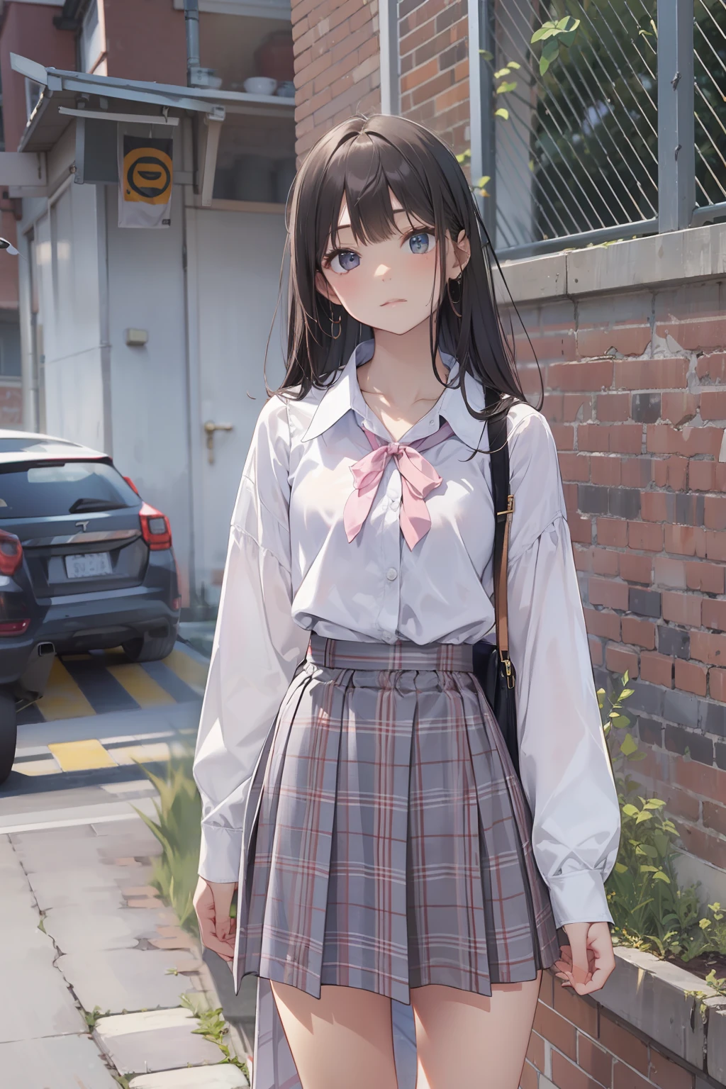 top-quality、Slender beauty、straight haired、knee high、hi-school girl、summer clothing、Ultra mini skirt、Underpants、Panchira、Put your hands on your hips、Niō Standing