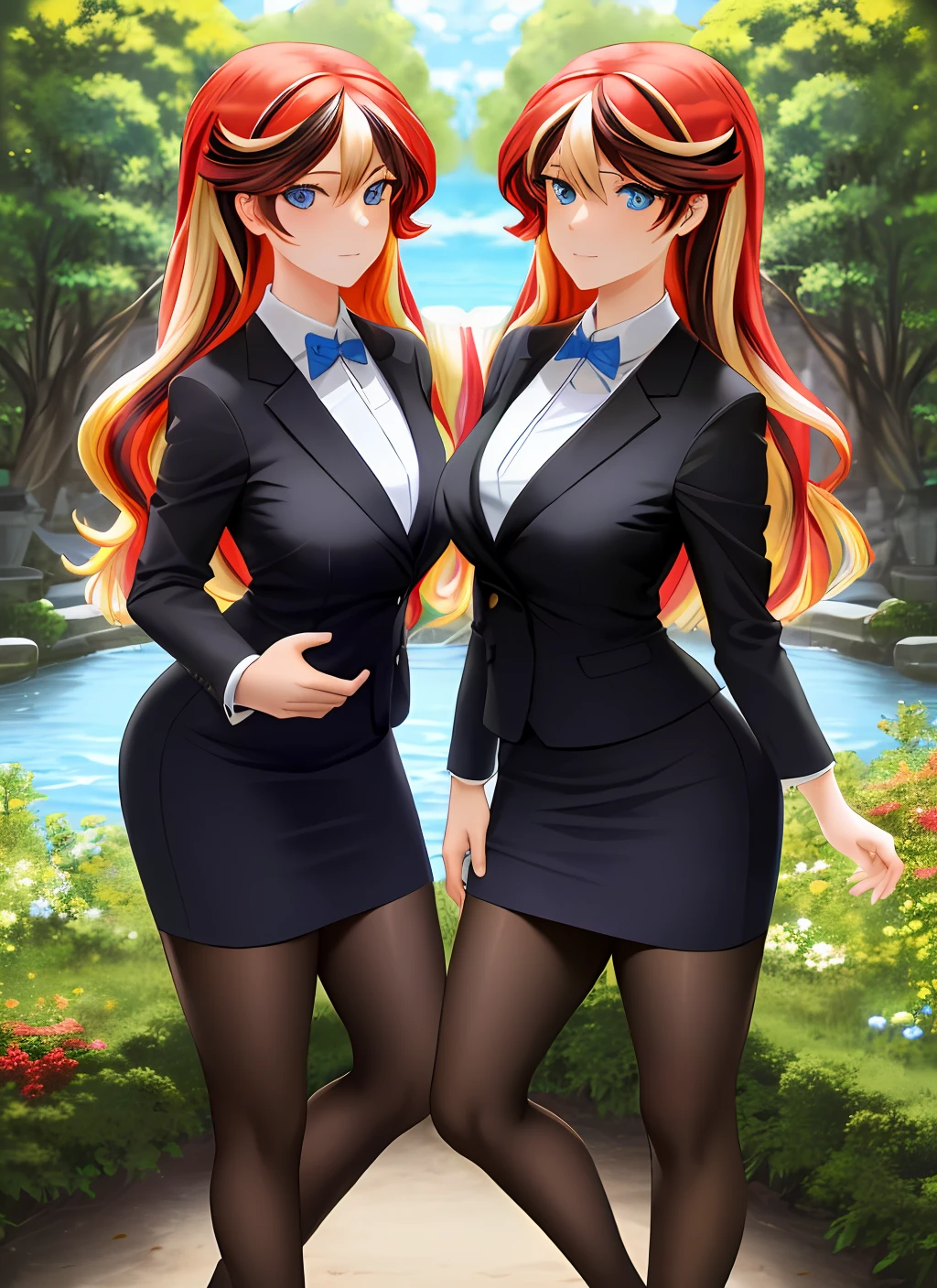 ((best quality)), ((highly detailed)), masterpiece, (detailed eyes, deep eyes), (2girls, duo, identical twins, clones, doppelganger), cowboy shot, SunsetHuman, (multicolored hair, (two-tone hair:1.1), red and blonde hair), BREAK, aqua eyes, skirt suit, pencil skirt, tight skirt, high heels, same color skirt suit, full body