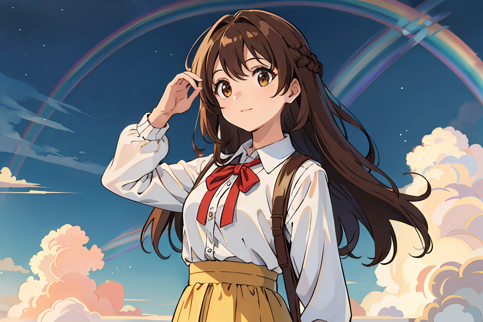 (Best quality, Masterpiece),Sunny，Broad lens，(Brown hair long)，Lively cute girl with long brown hair，Look at the rainbow in the distant sky，A look of hope，Anticipation，Skysky，rainbowing