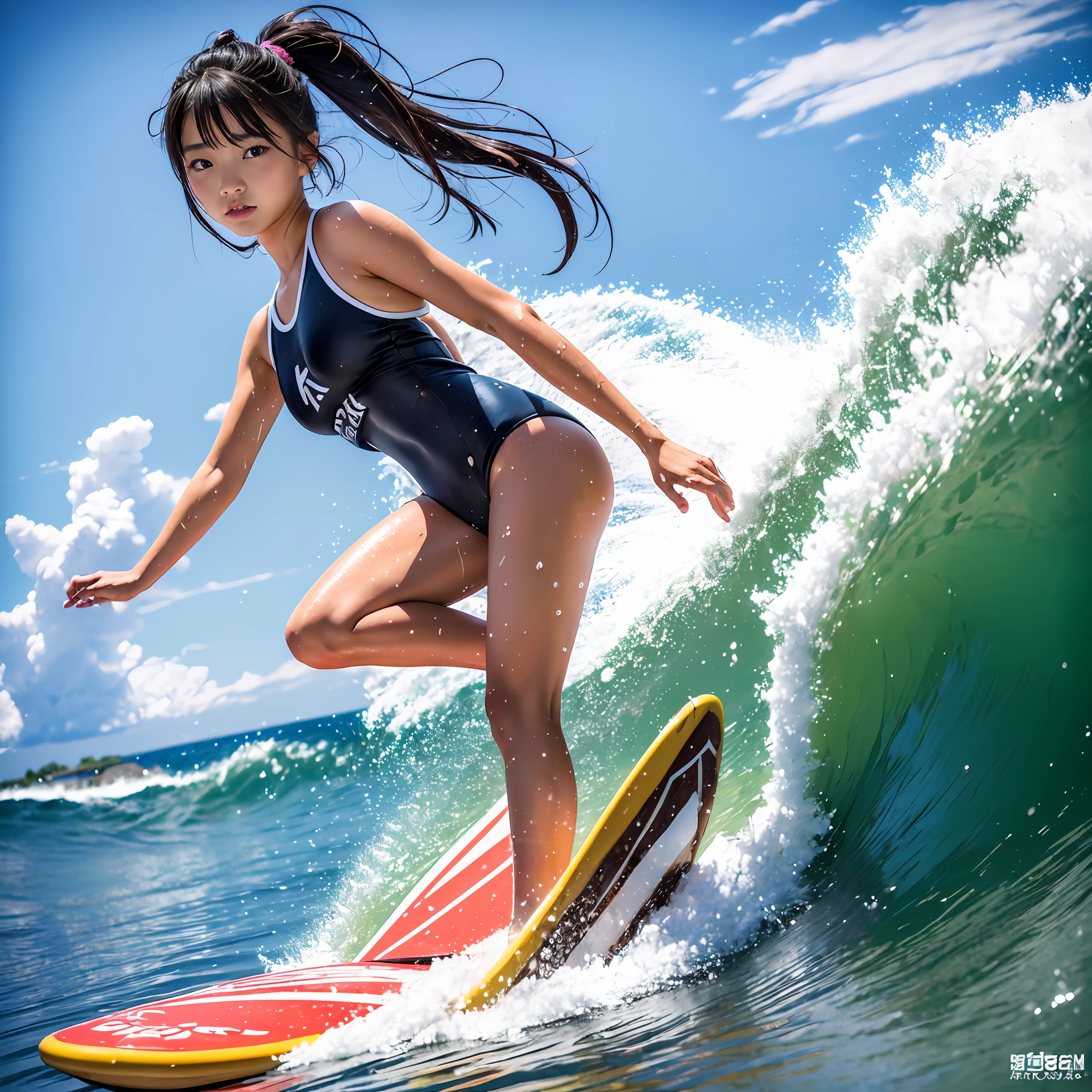 (8K、RAW Photos、top-quality、​masterpiece:1.2)、(realisitic、Photorealsitic:1.37)、ultra-detailliert、超A high resolution、Attractive  Japan woman surfing、Teen、A darkred、poneyTail、small tits、Wearing a school swimsuit、splash water、mare、Big waves