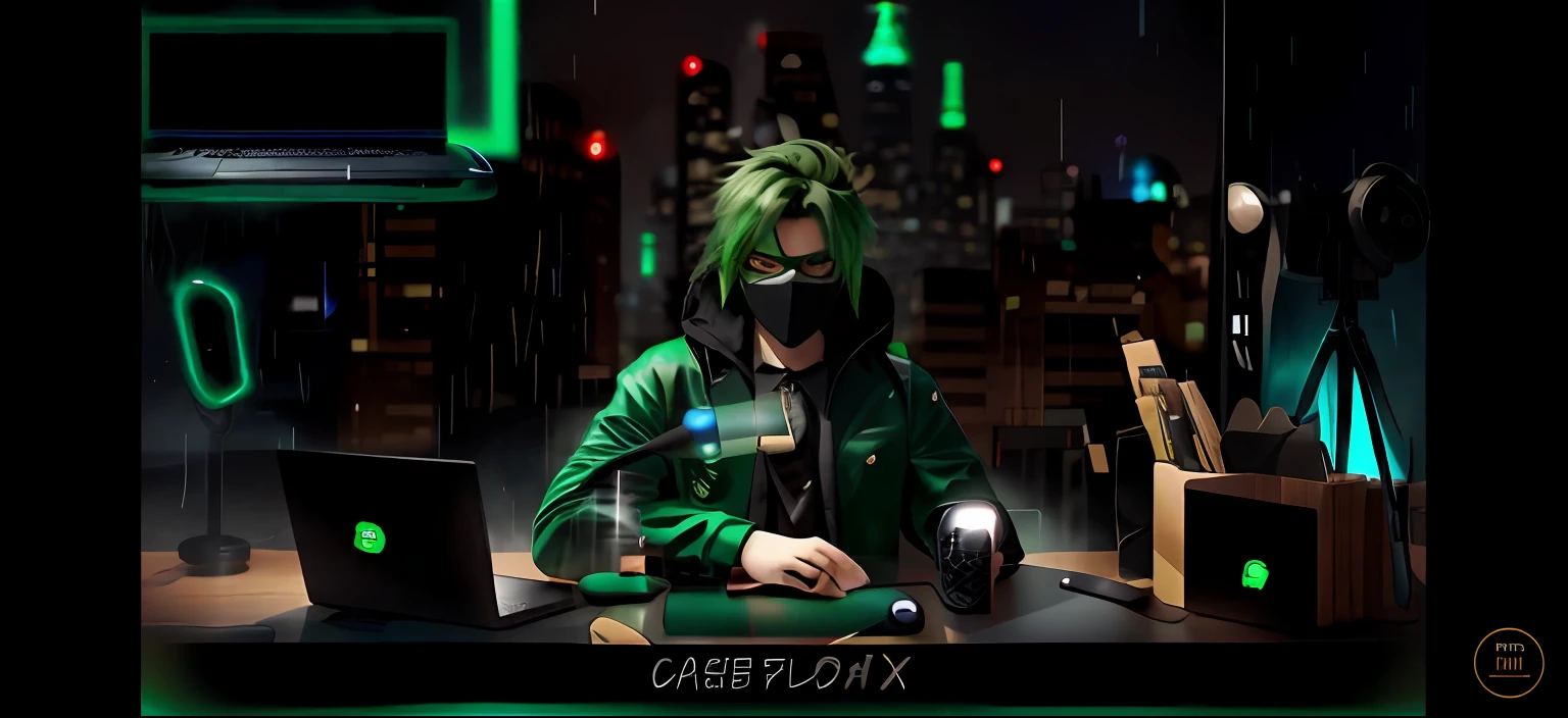 Change the character to a man with green hair and a mask , and the laptop to black laptop