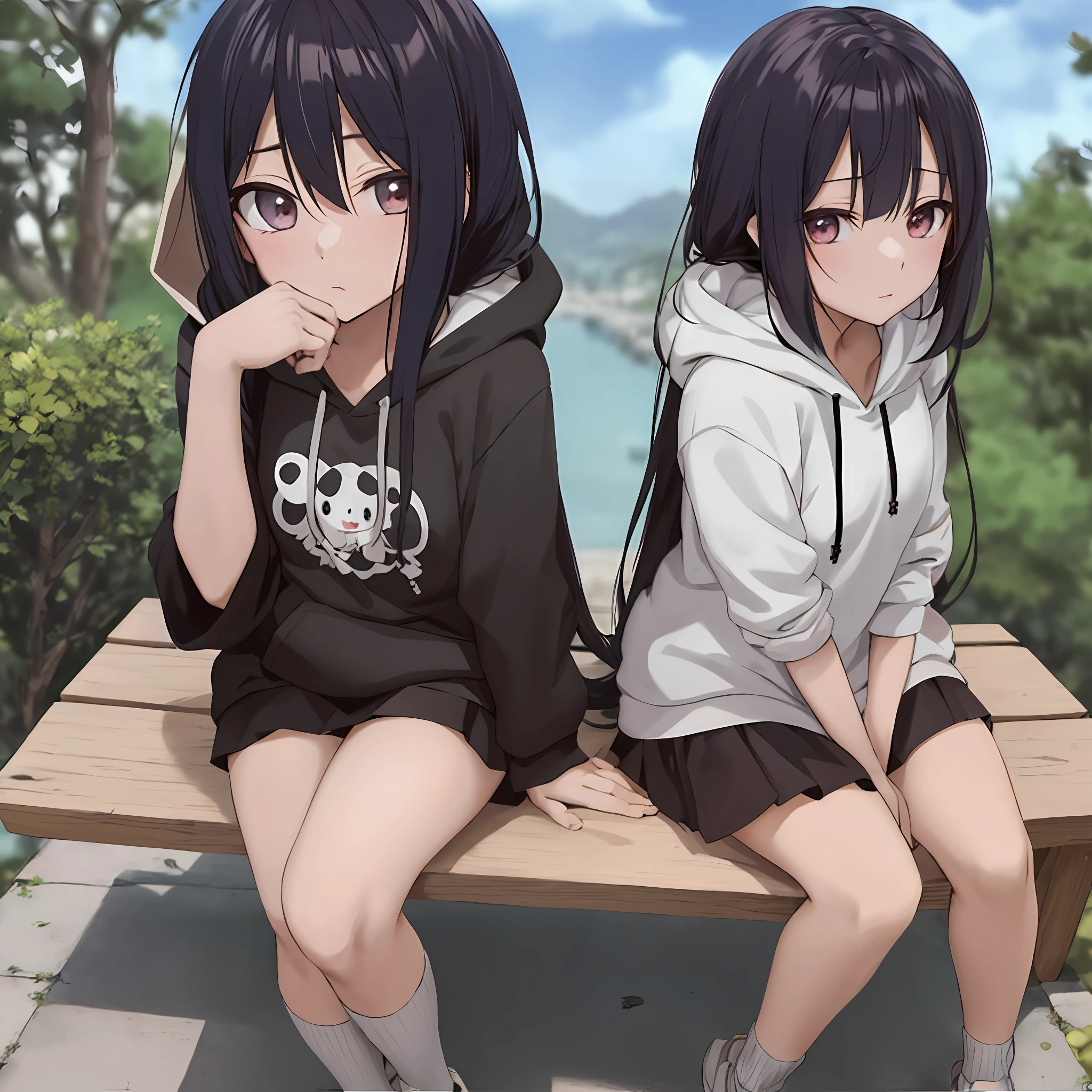 Anime girl with long black hair and hoodie sitting on a bench, black haired girl wearing hoodie, Anime visuals of cute girls, Hinata Hyuga, Anime Best Girl, anime moe art style, hana yata, Cute anime girl, Smooth Anime CG Art, an anime girl, young anime girl, extremely cute anime girl face, (Anime Girl)(top-quality、8K、32K、masterpiece、nffsw:1.2)、