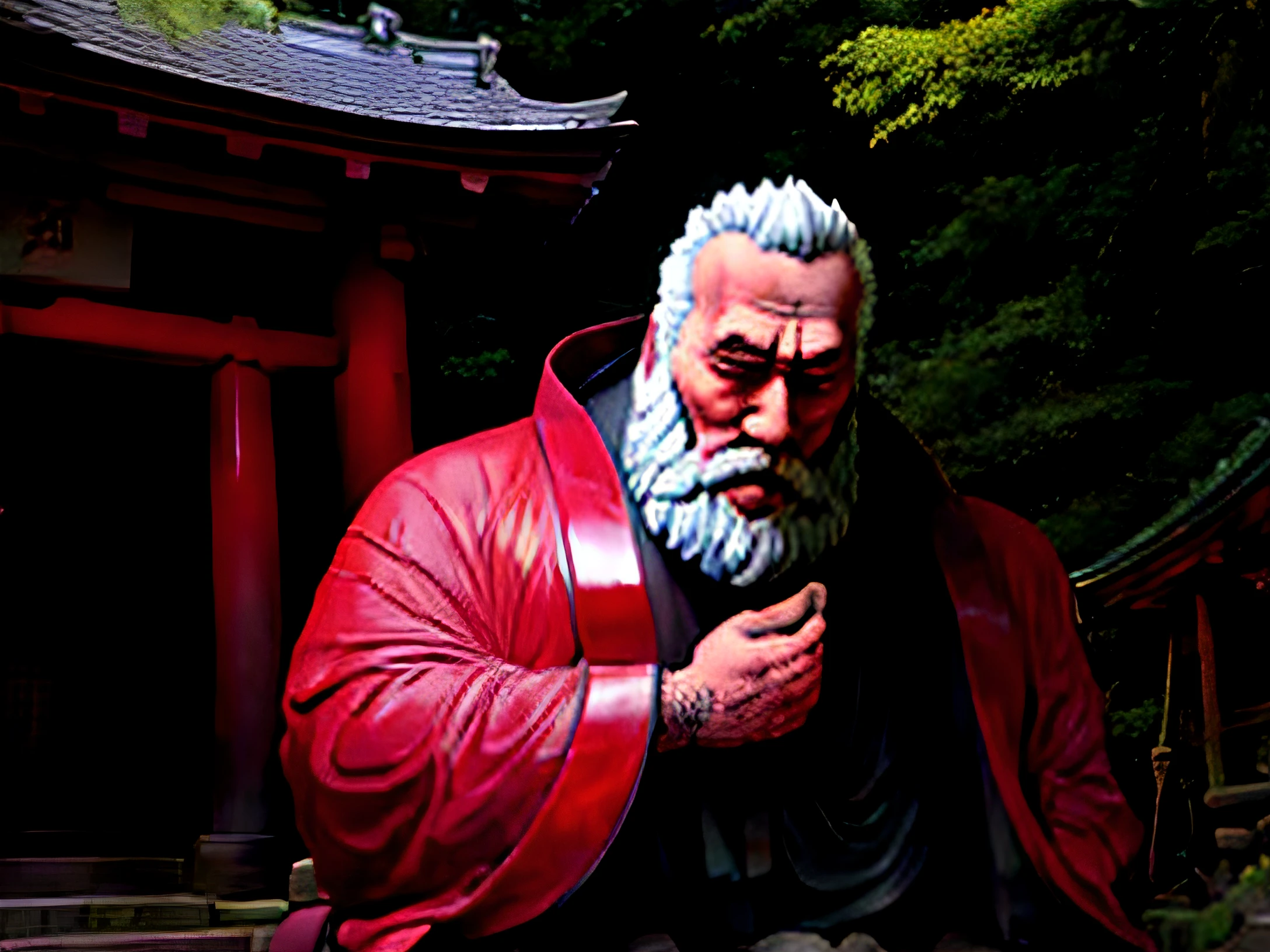 There is a statue of a man with a beard and a red robe, inari shrine, In Karuizawa, umanosuke iida, kaguya ōtsutsuki, shrines, hidetaka tenjin, gunma prefecture, Ruins of a giant head, Huge man's head, kamakura period, hakusensha, japanese god