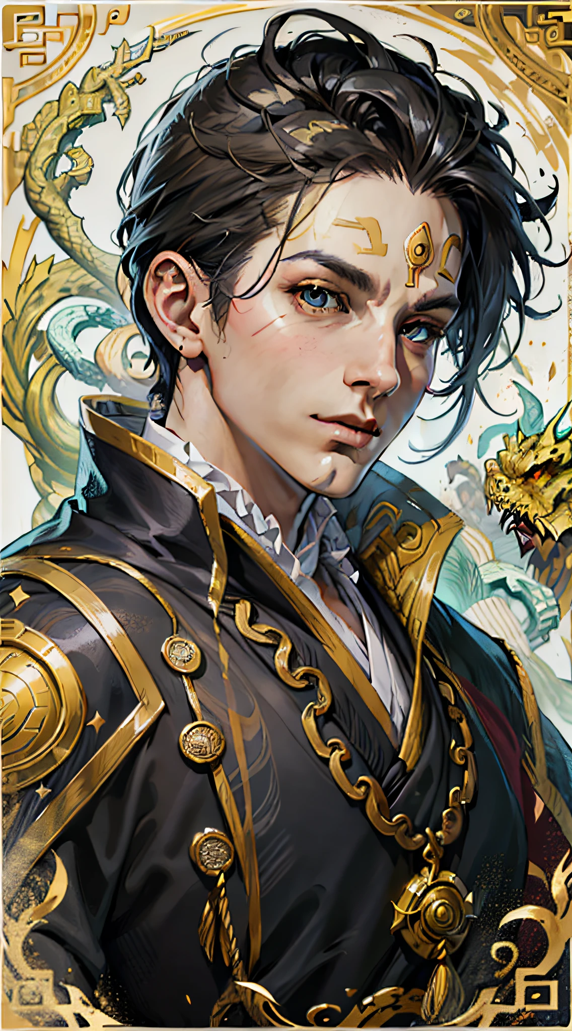 master part, super-detalhado, semi-realista, detailed facial features, Imperador da dinastia Han, , olhos negros, wearing yellow dragon robe luxurious