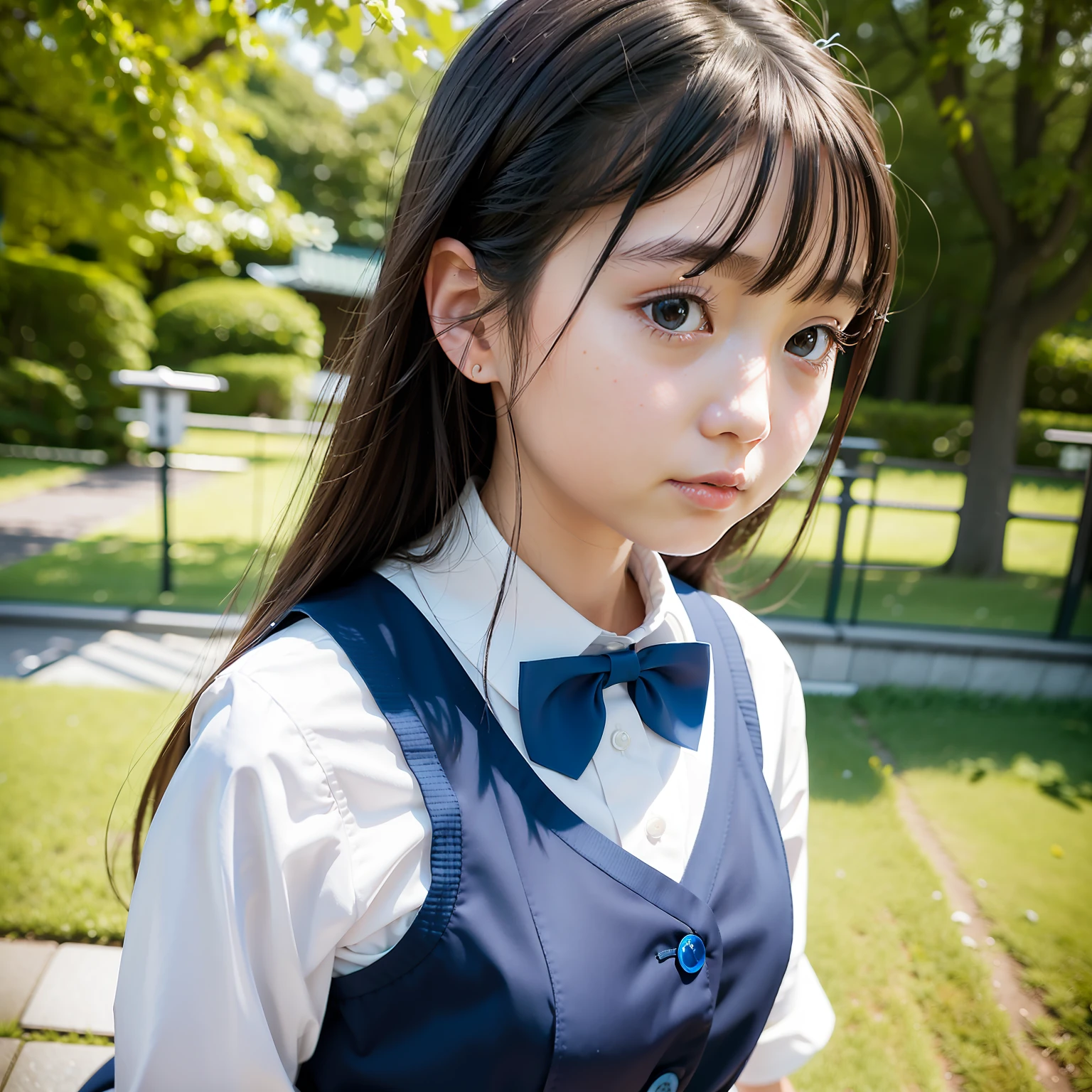 Delicate and masterpiece、beautifuldetails、fine detailed、in 8K、blurry backround、Girl posing in midsummer park、Realistic Japan schoolgirl wearing realistic Japan schoolgirl uniform、Beautiful black hair、Wearing a white blouse and a bow tie around a blue neck、Realistic uniform light brow over white blouse、Wearing a realistic uniform pleated skirt with a light brown check based on sky blue、Raw photos from the catalog、Realistic Japan schoolgirl model、