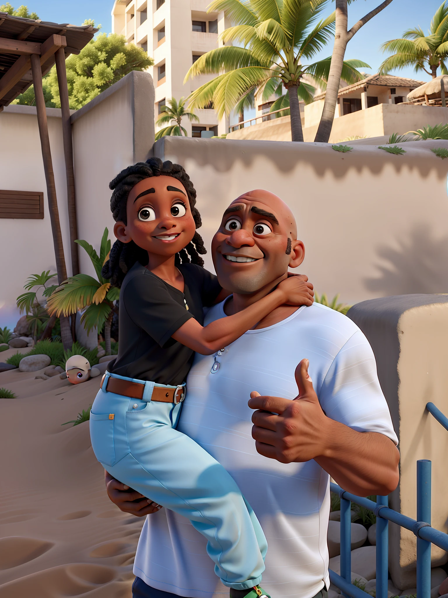 there is a bald man of about 35 years , barba aparente, pele negra bem detalhada, camiseta cinza extremamente definida, com colar de ouro ultra detalhado, A  girl ((baby) aproximadamente 3 anos, They're both giving the thumbs up, imagem de perfil ultra iluminado, cinematic lighthing, profesional lighting, Ao fundo, A beautiful beach with an orange sunset, ultra detalhado com coqueiros e areia, o mar ao fundo agitado, 8k
