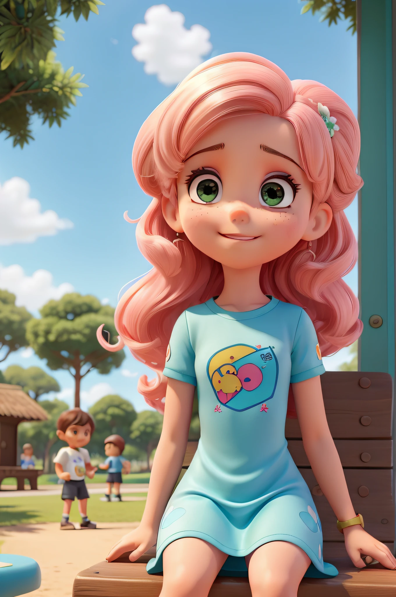 A 3--old l named Marina is sitting on a bench in a park. She is wearing a pink dress and white shoes. Ela tem cabelos castanhos escuros e olhos castanhos brilhantes. She's smiling and holding a book in her hand. The park is full of trees and flowers. The sky is blue and the sun is shining.
Two boys are playing in the park. A boy is wearing a blue T-shirt and white shorts. The other boy is wearing a red T-shirt and green shorts. They're running and playing, and they're having a lot of fun.
Marina is looking at the boys and is jealous. Ela quer participar da brincadeira, but is afraid to approach. She's afraid the boys won't accept her, ou de que eles a machuquem. Marina sits there, olhando para eles, and she starts crying.
The boys realize that Marina is crying, and they go to her. They ask what's wrong, and Marina says she's jealous of them. Os meninos dizem a Marina que ela pode participar da brincadeira, e ela sorri. Marina se junta aos meninos, e eles brincam juntos o resto da tarde.
Marina se diverte muito, And she's glad she got in on the prank. She realizes she doesn't need to be afraid of boys, and that they accept her as she is. Marina is happy to have two such nice friends.