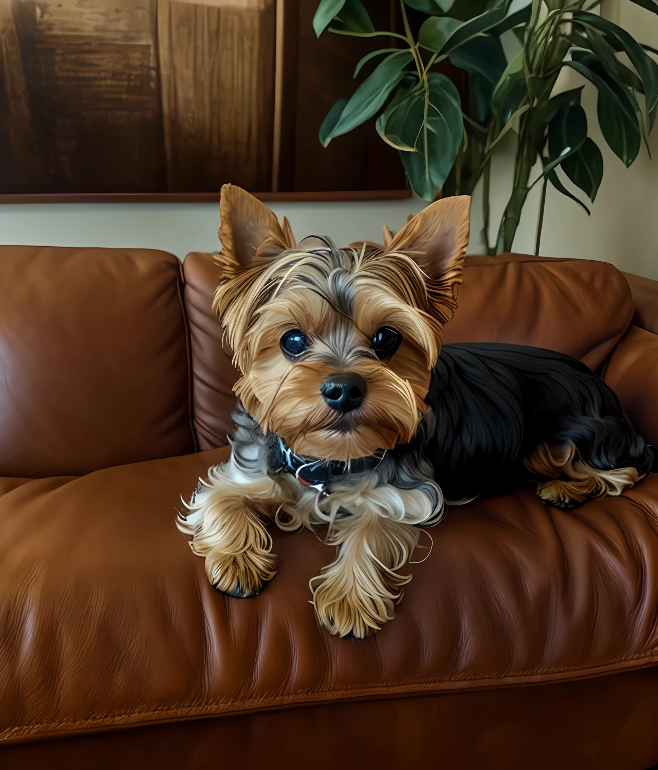 Realismo, obra prima, detalhado, renderizado, 8k, There is a small dog sitting on a brown leather sofa, Yorkshire Terrier, olhar desleixado, peludo bonito precisa de sua ajuda, sitting on the couch, staring directly at camera, reduzido, sitting on couch, staring directly at camera, small dog, tirado no iphone 14 pro, muito bobo olhando, Anos, sitting on couch