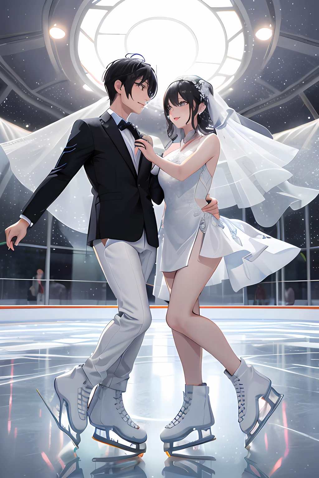 Ice,ice skating、Figure skating、Gliding on the ice、(Two people are having a wedding)、masutepiece, Beauty,reflection, Snow,top-quality、detail portrayal、beautiful expression、beautidful eyes、