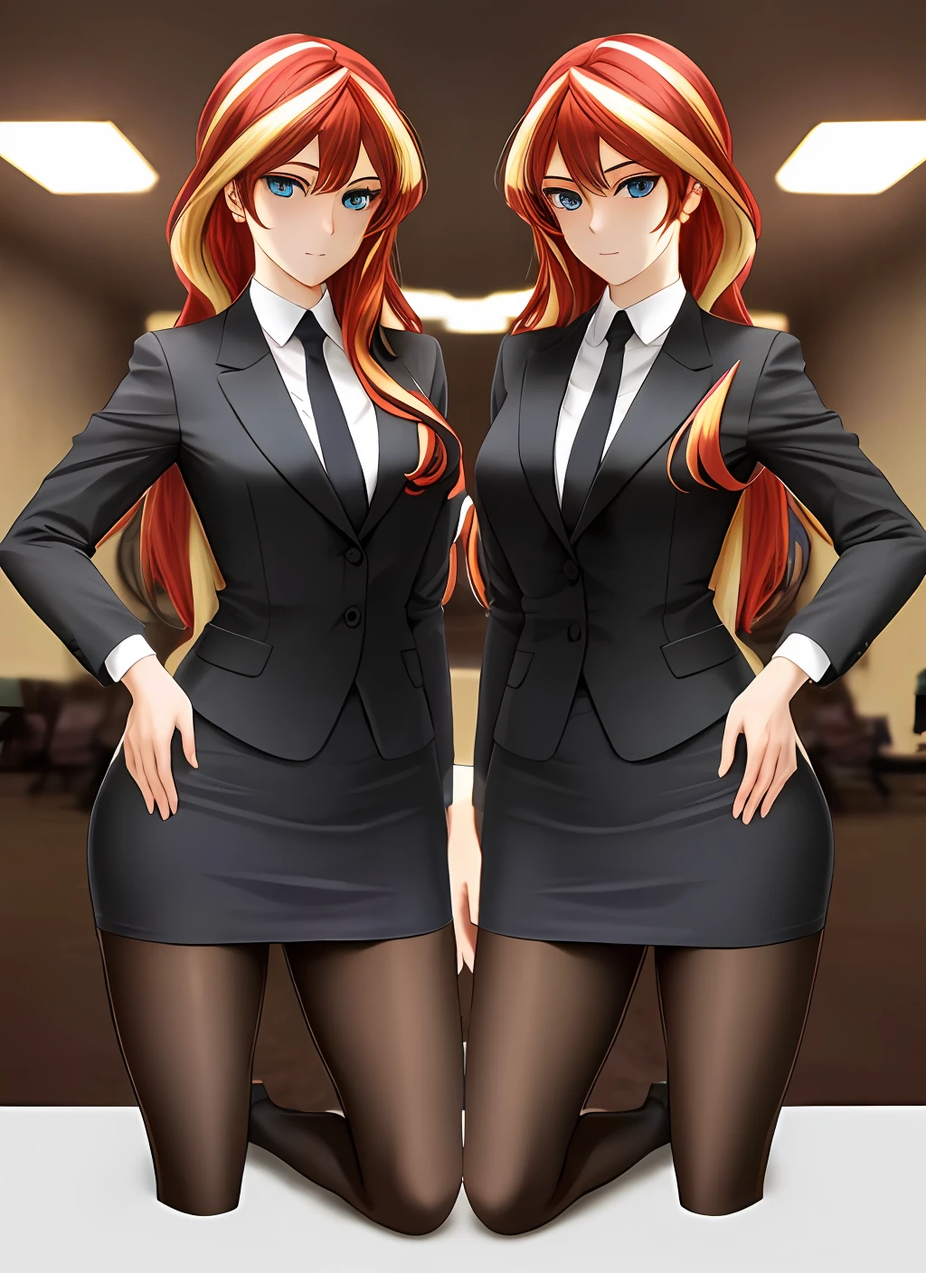 ((best quality)), ((highly detailed)), masterpiece, (detailed eyes, deep eyes), (2girls, duo, identical twins, clones, doppelganger), cowboy shot, SunsetHuman, (multicolored hair, (two-tone hair:1.1), red and blonde hair), BREAK, aqua eyes, skirt suit, pencil skirt, tight skirt, bare legs, high heels, same color skirt suit, full body, highly detailed faces