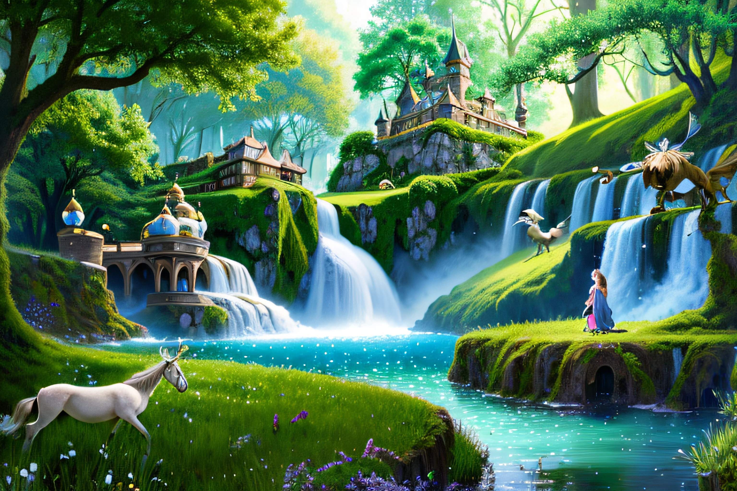 (fairy tale world), castles, floating island waterfalls, all kinds of magical creatures. Beautiful fairies, knights, elves, dwarfs. Mysterious forests, enchanted castles, fabulous kingdoms. Realism, chiaroscuro, cinematic lighting, 135mm, panorama, best quality, high details, UHD, masterpiece