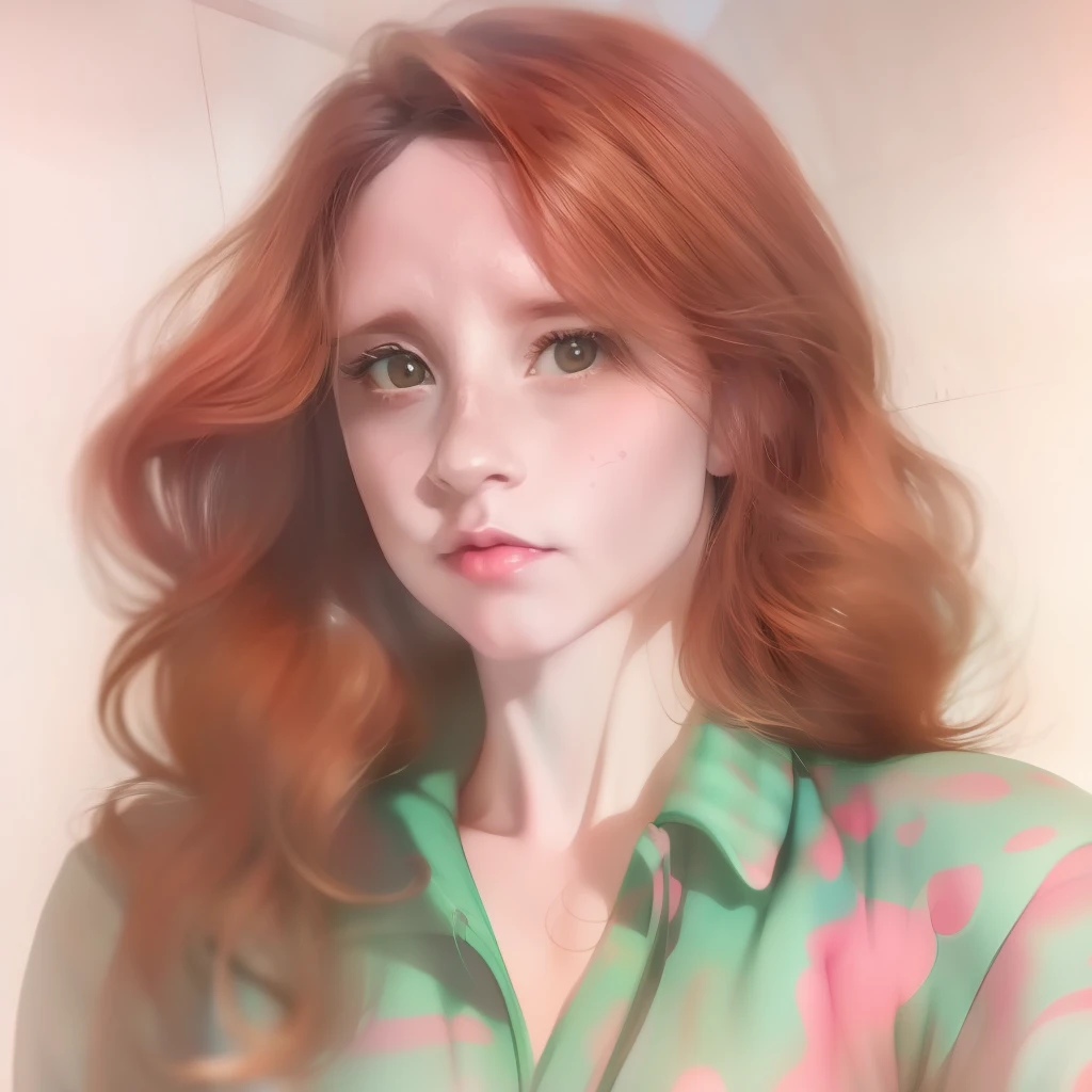 a watercolor and pencil drawing of a beautiful 28-year-old secretary with wavy dark red hair, delicate lips, olhos cor de mel, rosto sexy, corpo magro em forma, (LiliArt)