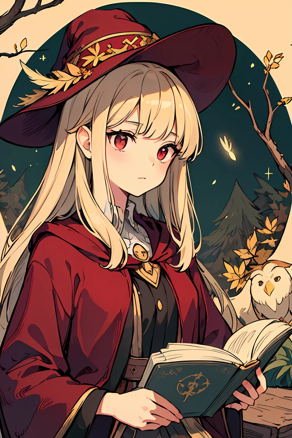 masterpiece, best quality, ultra-detailed, portrait of a young witch reading a magic book, soft delicate beautiful attractive face with enchanting hazel eyes, flowing robes in rich shades of burgundy and gold, pointed hat adorned with feathers and gemstones, ancient runes inscribed on tree trunk, lush forest background with shimmering sunlight peeking through branches, (fluttering leaves and twigs: 1.05), (mysterious owl perched on branch: 1.1), (glimmering fireflies: 1.15), (magical runes and symbols surrounding witch: 1.2)