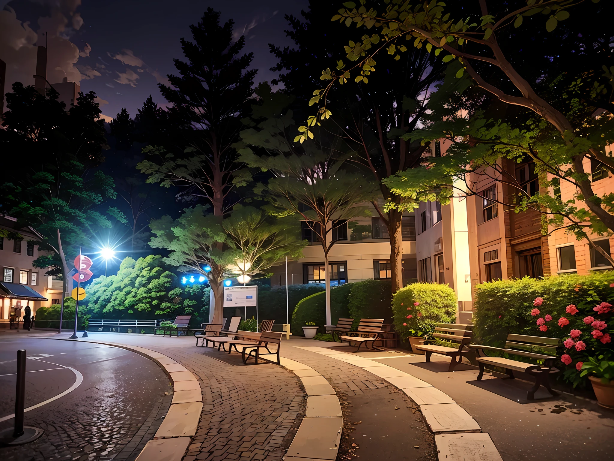 Night view of the park with benches and buildings as the background, taken with sigma 2 0 mm f 1. 4, 2 4 mm ISO 8 0 0, 8K 50mm ISO 10, 2 4 mm iso 8 0 0 color, taken with sony alpha 9, taken with a Sony A7R camera, with glowing lights at night, in the night time