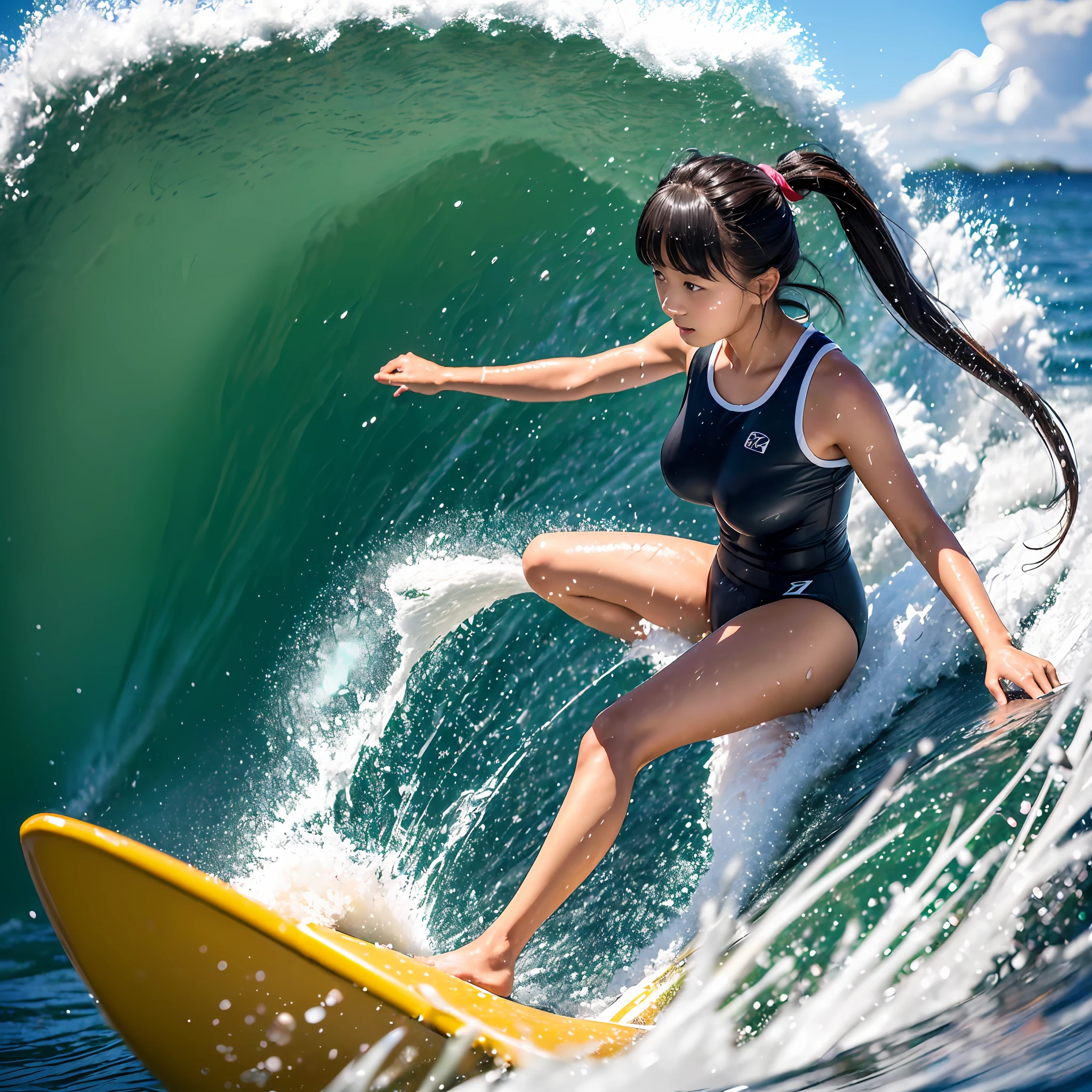 (8K、RAW Photos、top-quality、masterpiece:1.2)、(realisitic、Photorealsitic:1.37)、ultra-detailliert、超A high resolution、Attractive 17 year old Japan woman surfing、、A dark-haired、poneyTail、small tits、Wearing a school swimsuit、splash water、mare、Big waves