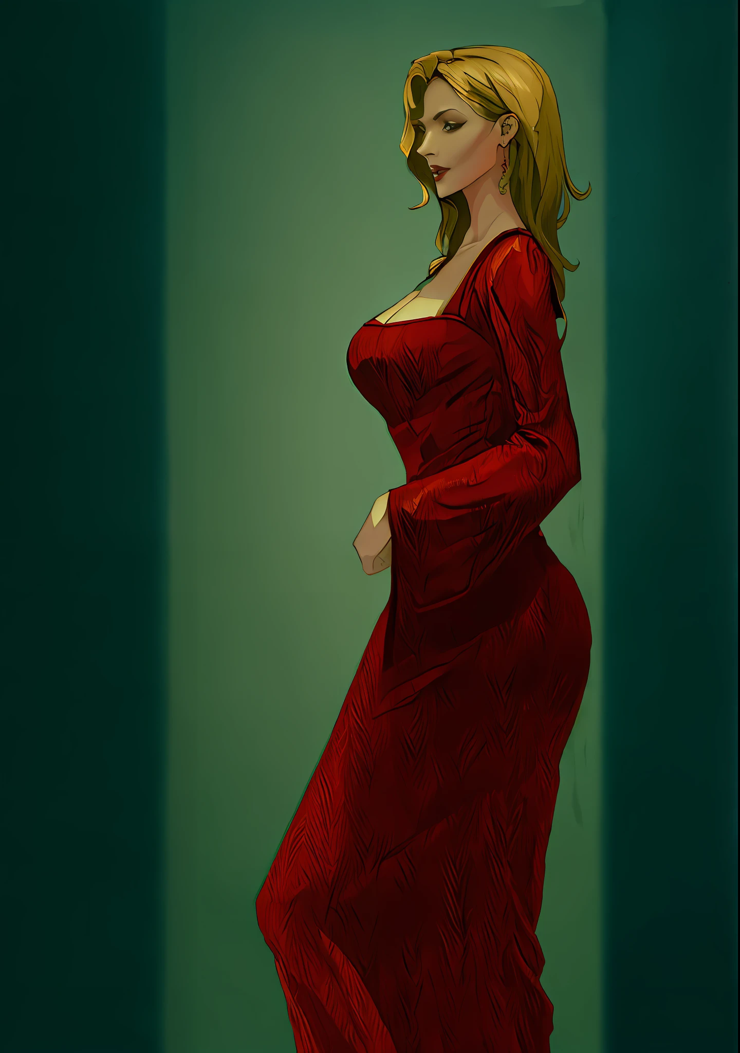 there is a woman in a red dress standing in a room, in a red dress, Red dress, Wearing a red dress, Fully clothed. painting of sexy, in a red dress, sultry digital painting, low details. Digital painting, digital art of an elegant, Woman in dress, smooth. Digital painting, stylized portrait formal pose, Aerith Gainsborough