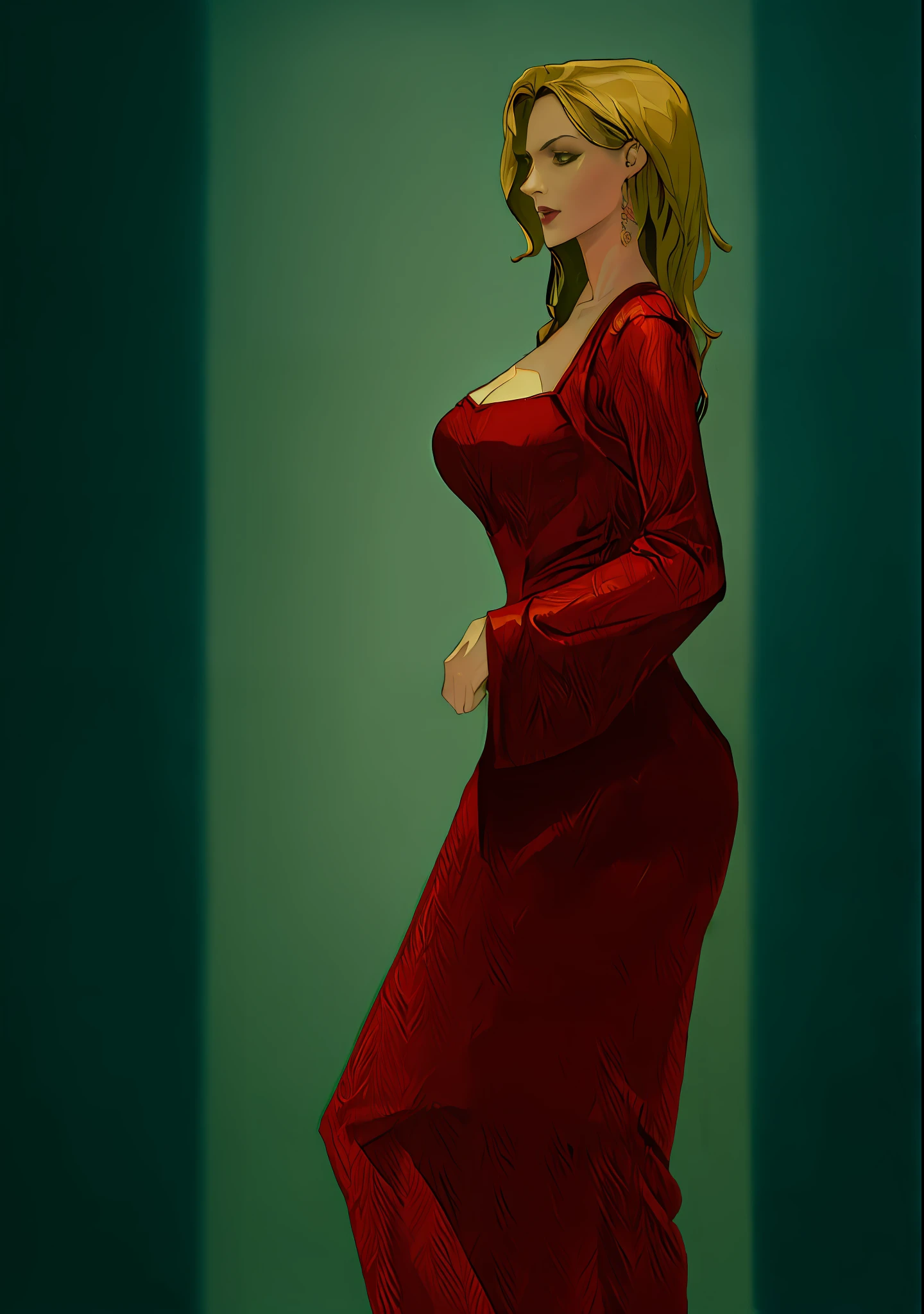 there is a woman in a red dress standing in a room, in a red dress, Red dress, Wearing a red dress, Fully clothed. painting of sexy, in a red dress, sultry digital painting, low details. Digital painting, digital art of an elegant, Woman in dress, smooth. Digital painting, stylized portrait formal pose, Aerith Gainsborough