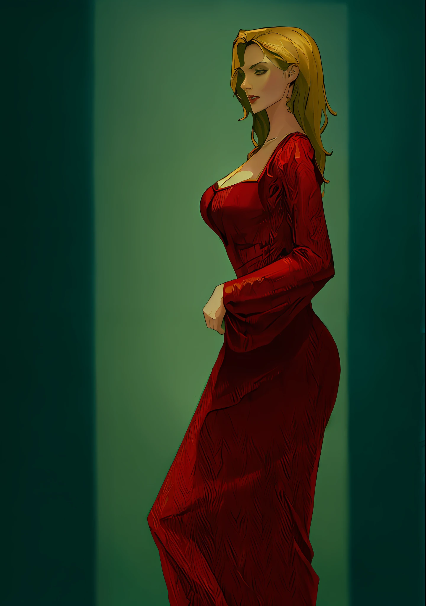 there is a woman in a red dress standing in a room, in a red dress, Red dress, Wearing a red dress, Fully clothed. painting of sexy, in a red dress, sultry digital painting, low details. Digital painting, digital art of an elegant, Woman in dress, smooth. Digital painting, stylized portrait formal pose, Aerith Gainsborough