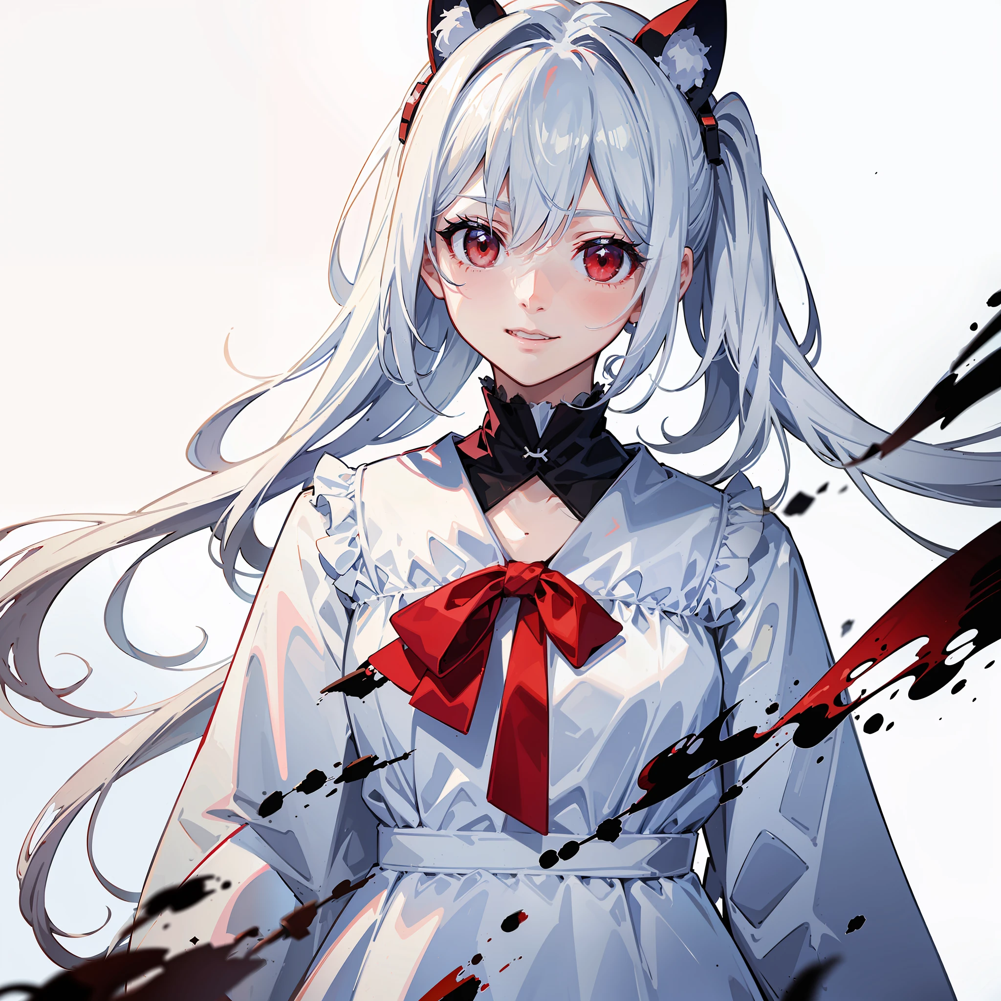 perpetrator、murderer、Bright red blood on white clothes、1 girl who is crazy、red eyes、Wearing a collar、Looking from above、Contemptuous look、grinning、randome pose、(A hyper-realistic)、(超A high resolution)、(Surprisingly cute and terrifying girl solo:1.3)、Darker luster、(Bloody white clothes)