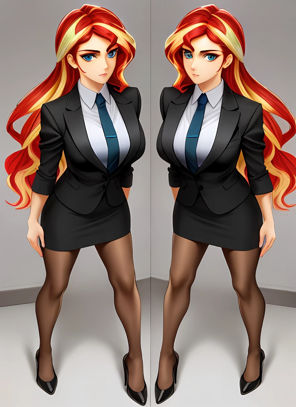 ((best quality)), ((highly detailed)), masterpiece, (detailed eyes, deep eyes), (2girls, duo, identical twins, clones, doppelganger), cowboy shot, SunsetHuman, (multicolored hair, (two-tone hair:1.1), red and blonde hair), BREAK, aqua eyes, skirt suit, pencil skirt, tight skirt, bare legs, high heels, same color skirt suit, full body, highly detailed faces, highly detailed bodies