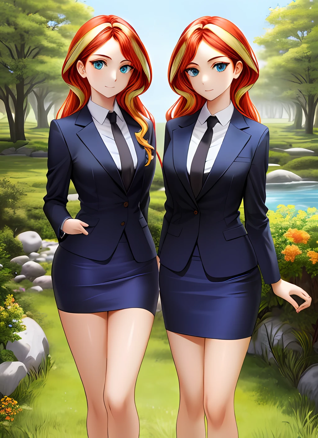 ((best quality)), ((highly detailed)), masterpiece, (detailed eyes, deep eyes), (2girls, duo, identical twins, clones, doppelganger), cowboy shot, SunsetHuman, (multicolored hair, (two-tone hair:1.1), red and blonde hair), BREAK, aqua eyes, skirt suit, pencil skirt, tight skirt, bare legs, high heels, same color skirt suit, full body, highly detailed faces, highly detailed bodies