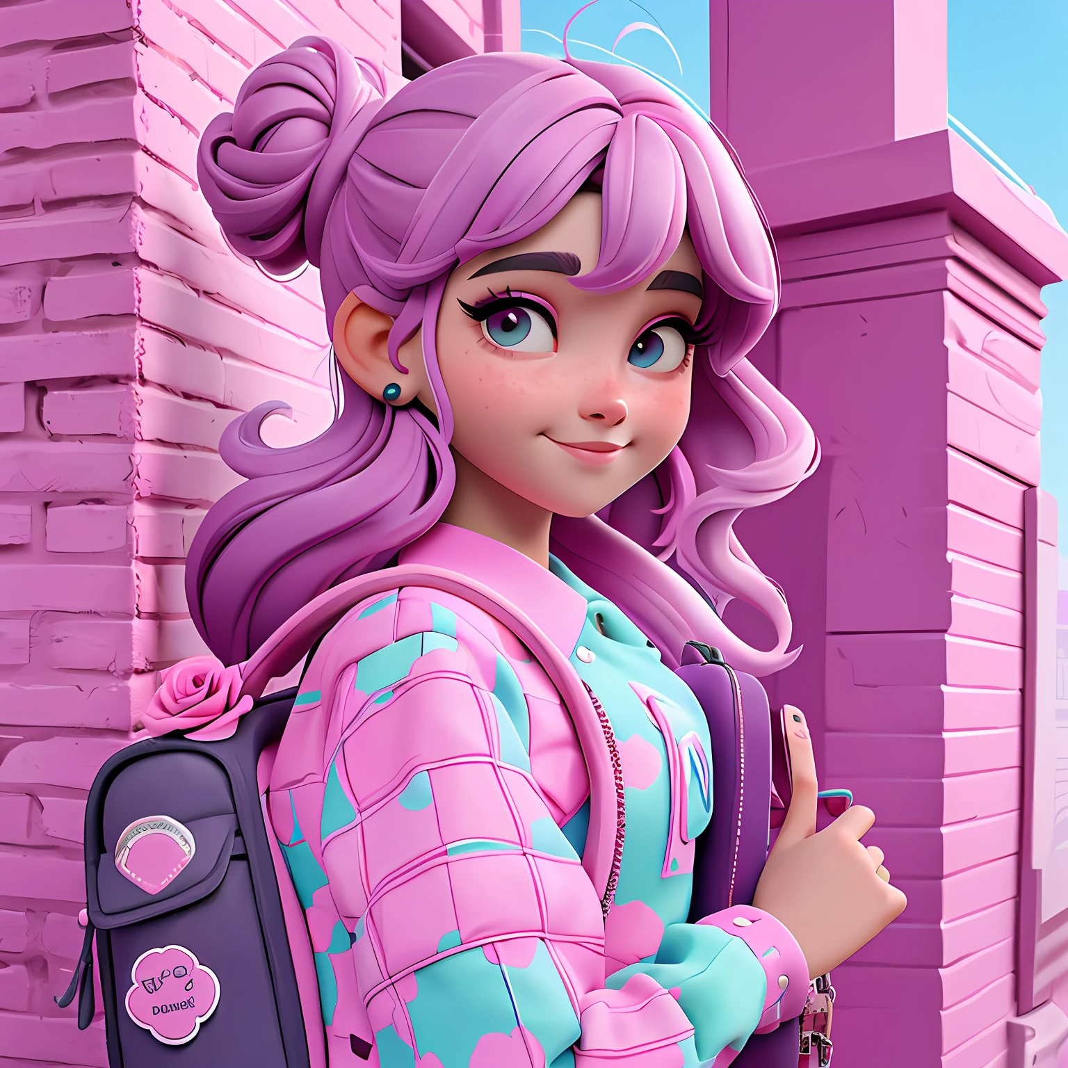 uma menina jovem, Your hair is stuck in a double bun, tom preto com mechas rosas, roupas leves, mochila, livros, corpo inteiro, The background is filled with a pastel shade, evoking a sense of lightness and happiness.